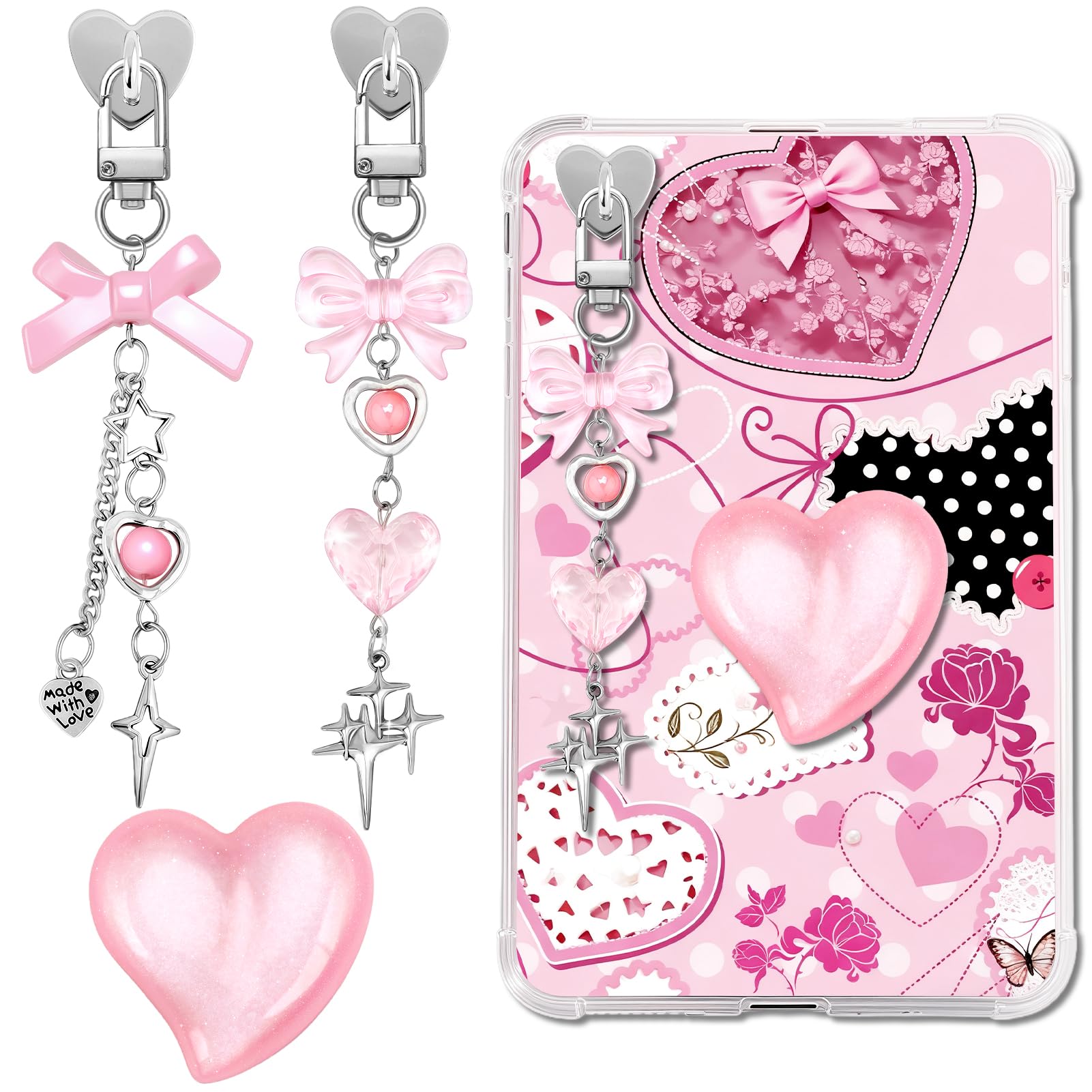 ZLFSRQ 3Pcs Charm Chains for Kindle Decorating Charms Cute Pink Bow E-reader Accessories Bling Heart Grip Holder Compatible with Kindle Phone iPad Christmas Birthday Gifts for Book Lovers Coworkers