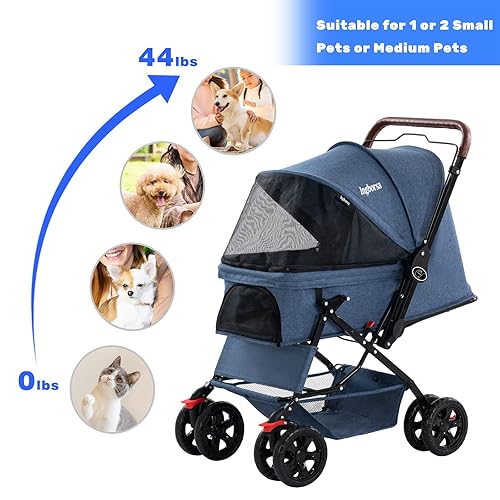 Miniatura 4 de Cochecito de perro para gatos y perros, carrito de cuatro ruedas con cubierta climática, con cesta de almacenamiento para perros y gatos pequeños y