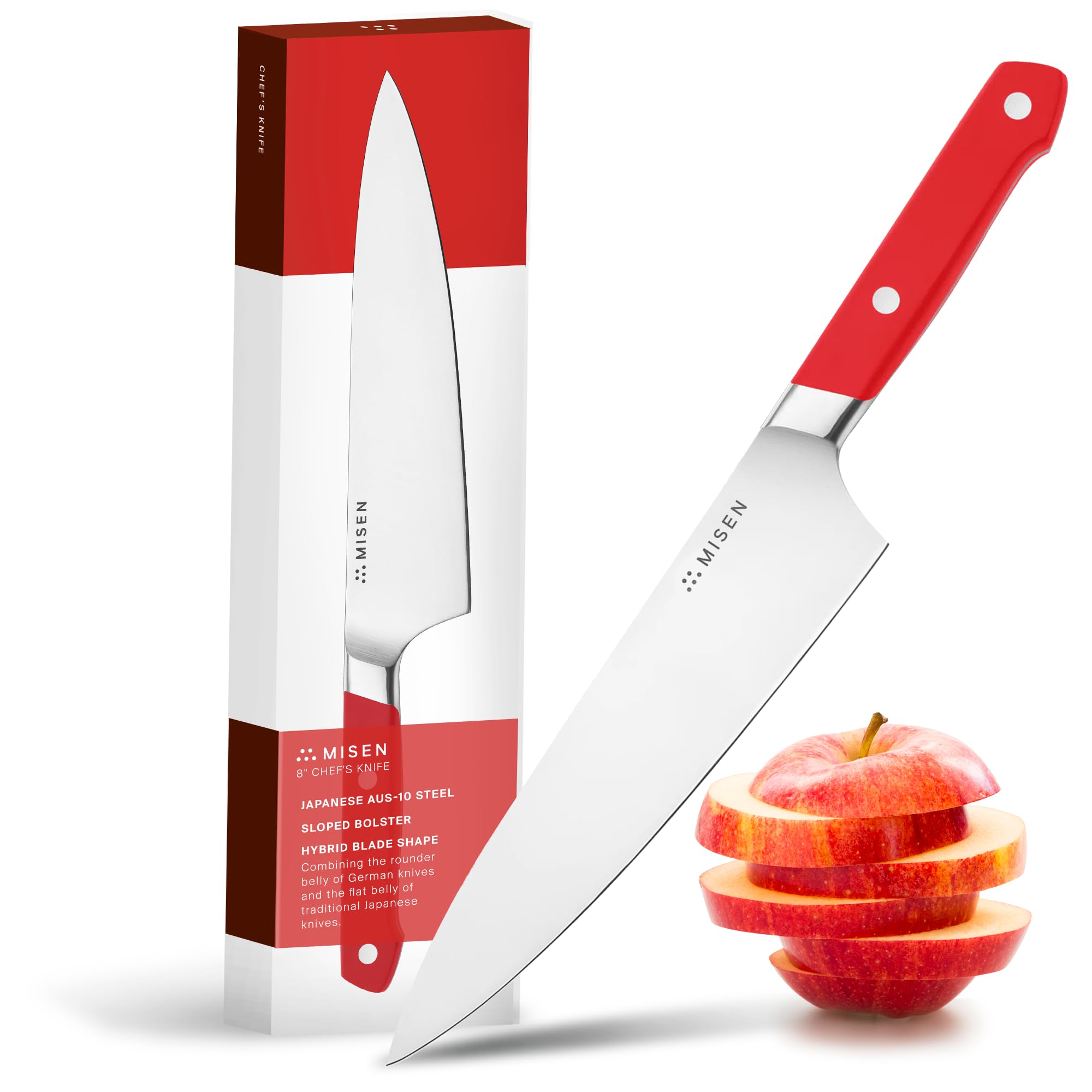 - Misen 8" Chef Knife – High Carbon Japanese AUS-10 Stainless Steel – Hybrid German & Japanese Blade – Precision Kitchen Knife for Professionals & Home Cooks – Ultimate Cutting Performance - Red
