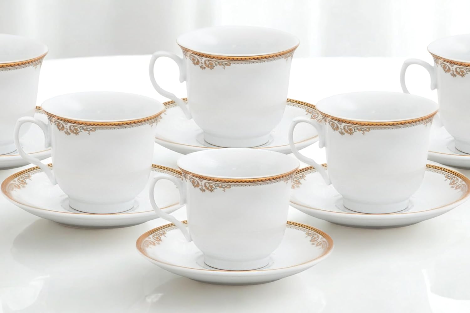 Porcelain Tea Set, 12 Piece - Elegant White with Gold Floral Edge Design - 5.5 Inch Saucers, 6.5 oz Cups - For Adults Tea Party or Everyday Dinnerware (Floral Gold)