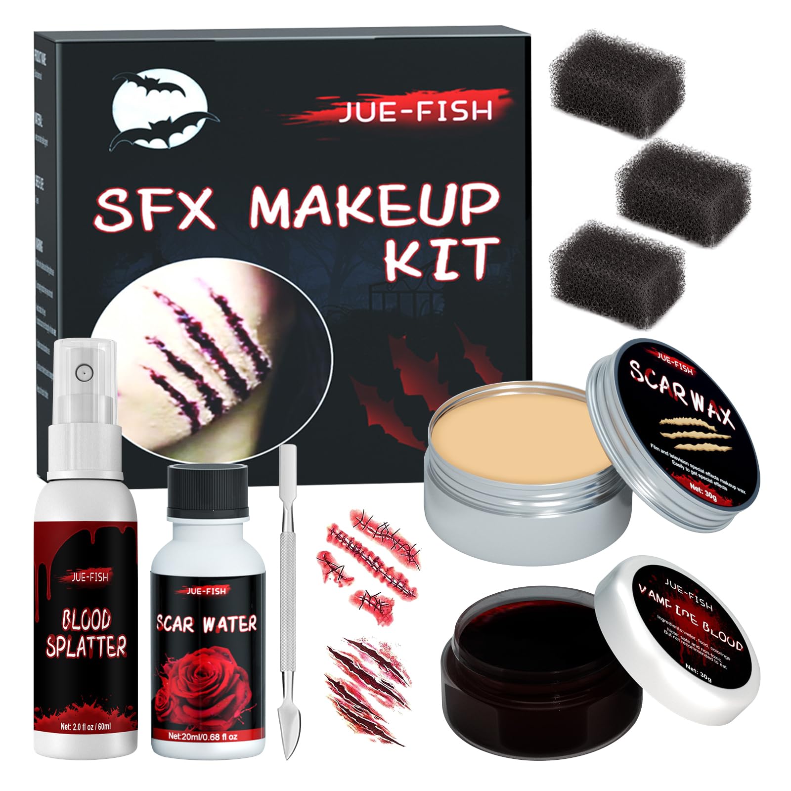 Fake Blood Scar SFX Makeup Kit, Spray Fake Blood Kit, Liquid Latex, Stipple Sponge, Scar Wax, Spatula Tool, Bruise Face Body Paint Realistic Special Effect Makeup kit for Special Effects Cosplay