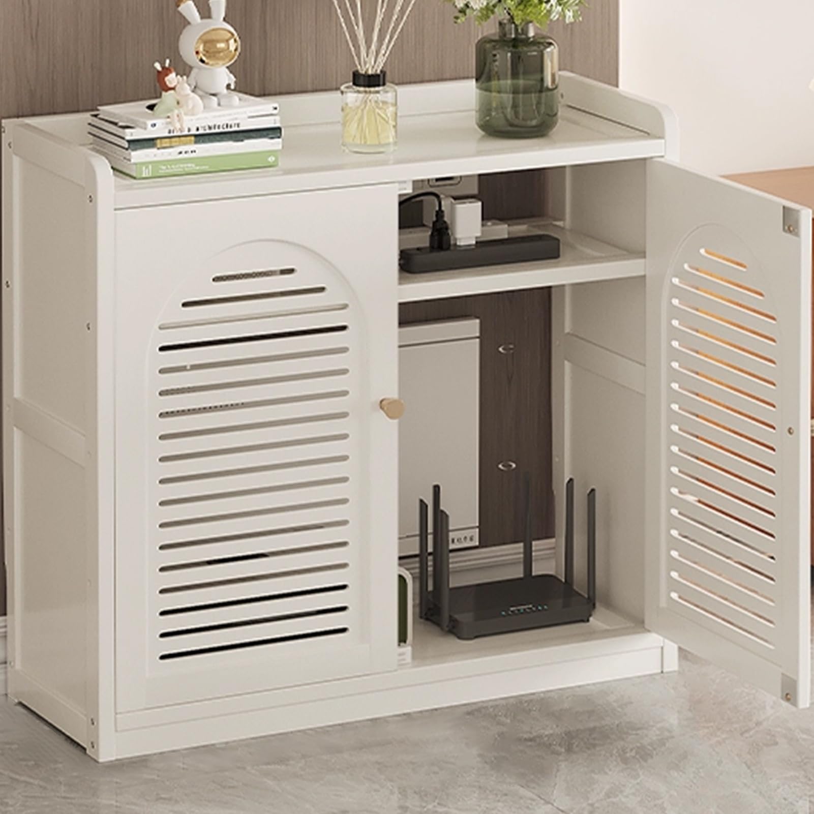 WiFi Router Storage Cabinet with Adjustable Shelves, Hidden Box Floor Freestanding Organizer with Doors for Bedroom Living Room