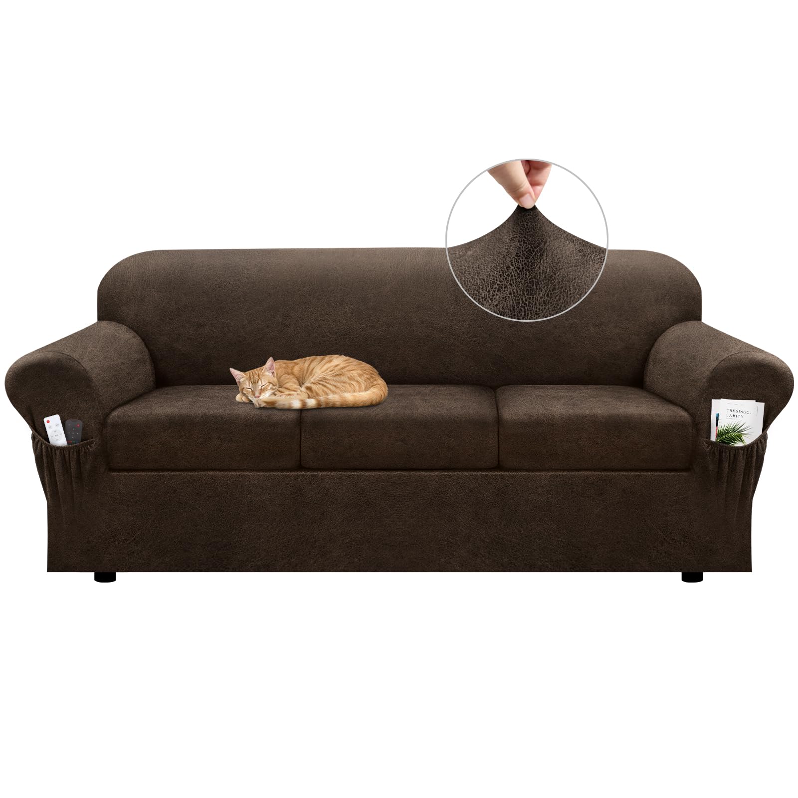 Pfrstuv Sofa Slipcover with Armrest Pockets 4-Piece Set, Stretch Faux Leather Couch Cover for 3-Cushion Couches(Fits 72-92") - Non-Slip, Machine