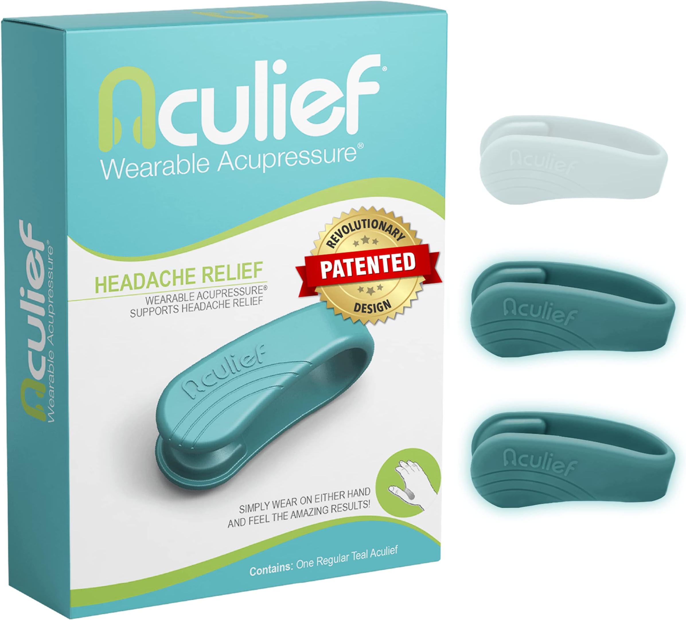 AculiefAward Winning Natural Headache, Migraine, Tension Relief Wearable โ Supporting Acupressure Relaxation, Stress Alleviation, tension relief and headache relief - 1 Pack (Small & Regular, Teal)
