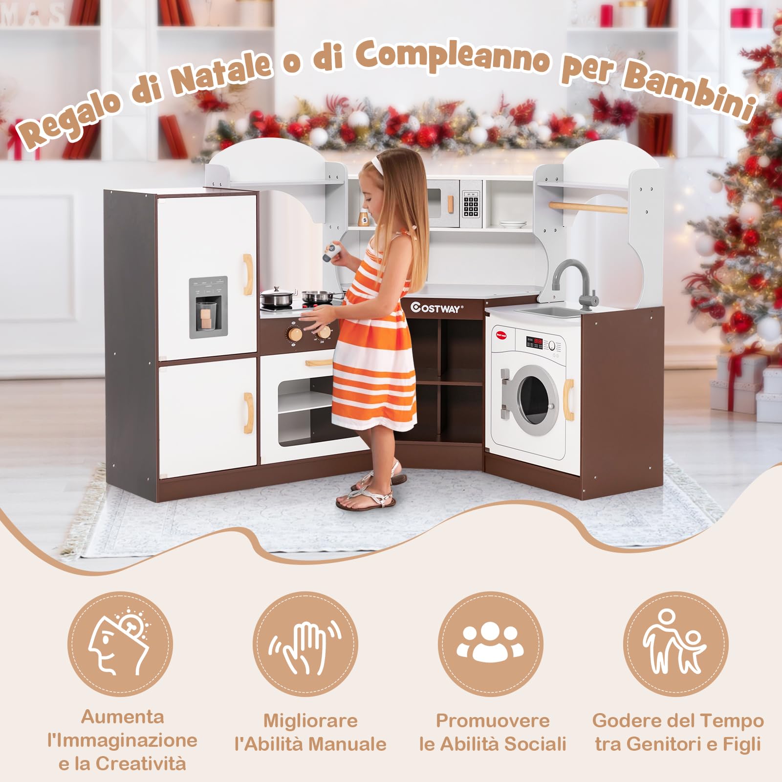 COSTWAY Cucina Giocattolo in Legno con Macchina di Ghiaccio e Accessori | Set Cucina Giocattolo con Microonde, Forno, Lavello, Lavatrice, Effetti Sonori e Luminosi per Bambini 3 Anni+