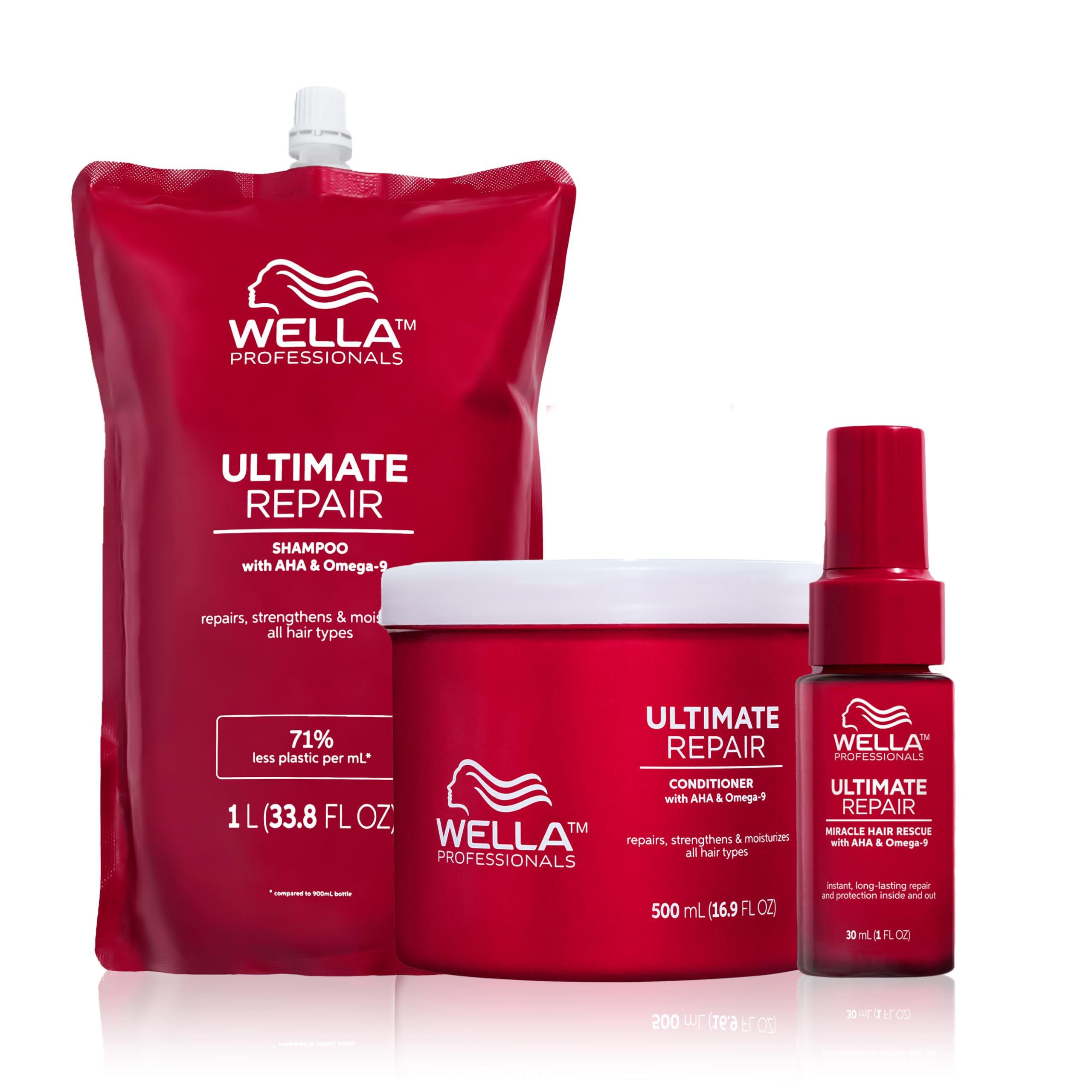 Wella Professionals Ultimate Repair Vorteils-Set – Repair Shampoo, stärkende Spülung & reparierendes 90 Sek. Haar Serum – 1 L Feuchtigkeitsshampoo Refill, 500 ml Conditioner, 30 ml Sprühkur