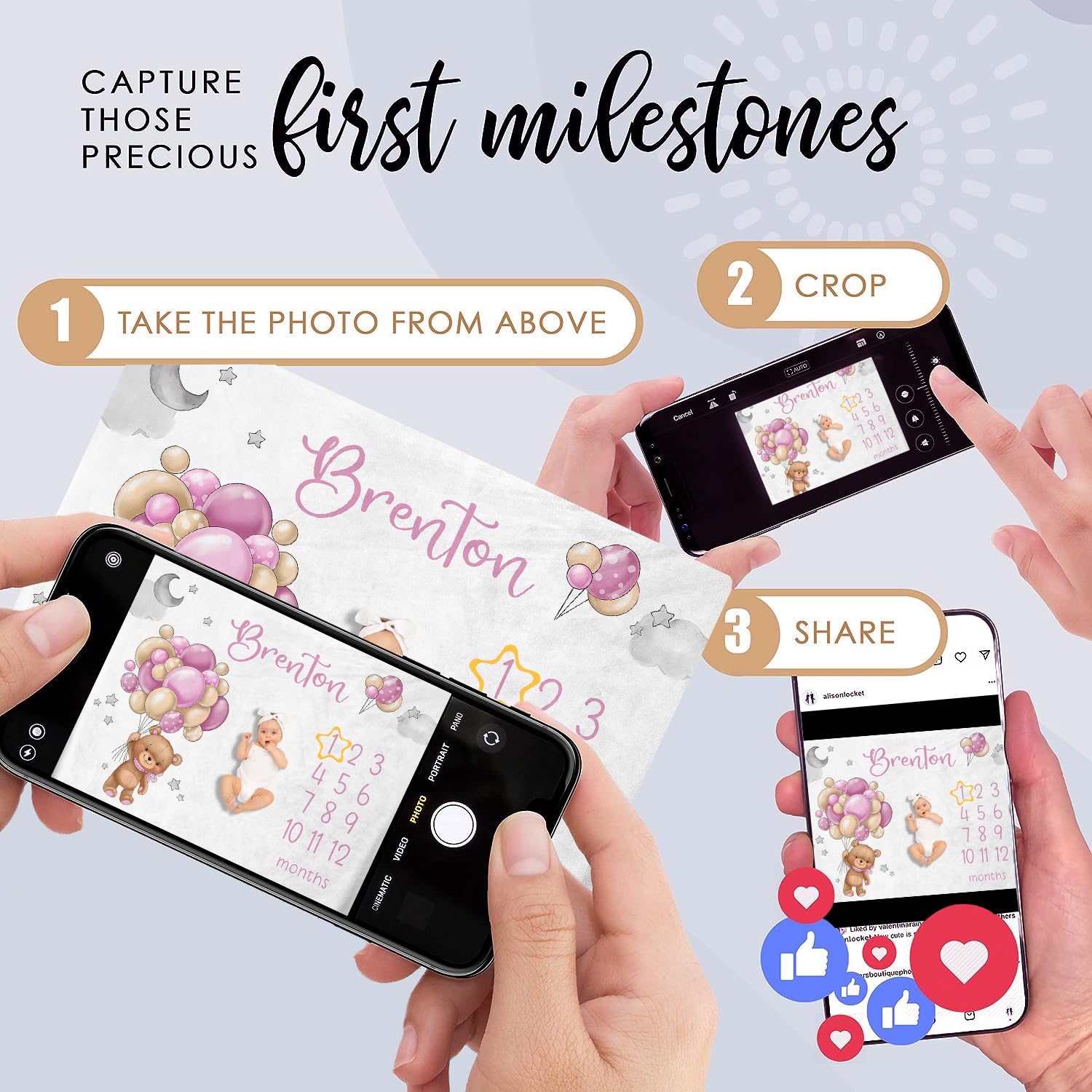 Manta Personalizada con hitos mensuales para bebés, Manta para bebé con indicaciones de los Meses, Regalos Personalizados Nacimiento,150X200-Baby22