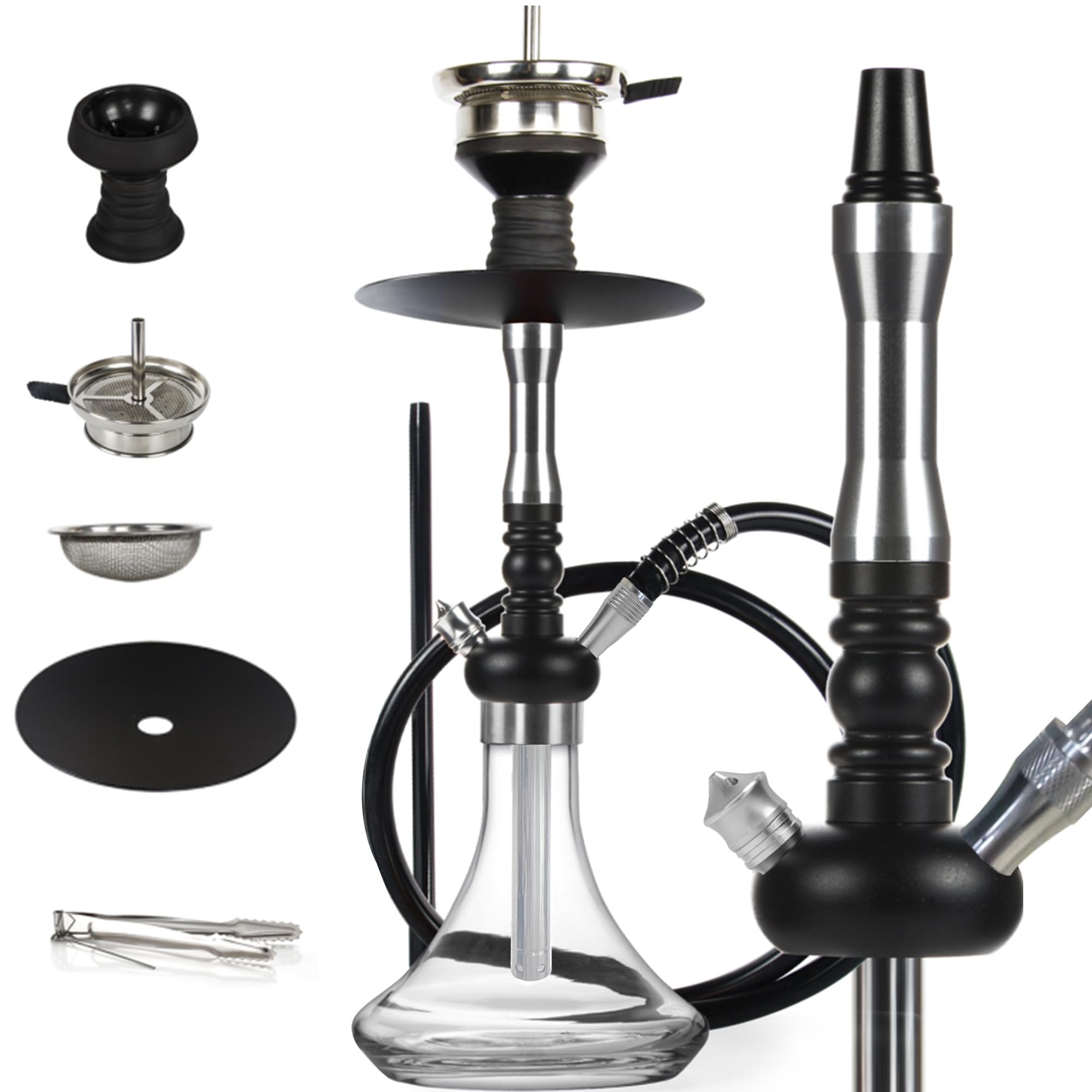 Glass Hookah Set completo con todo de aleación de aluminio con difusor Manguera de silicona lavable Caucho Chisha Bowl Dispositivo de gestión de calor Pinzas de carbón(Transparencia)