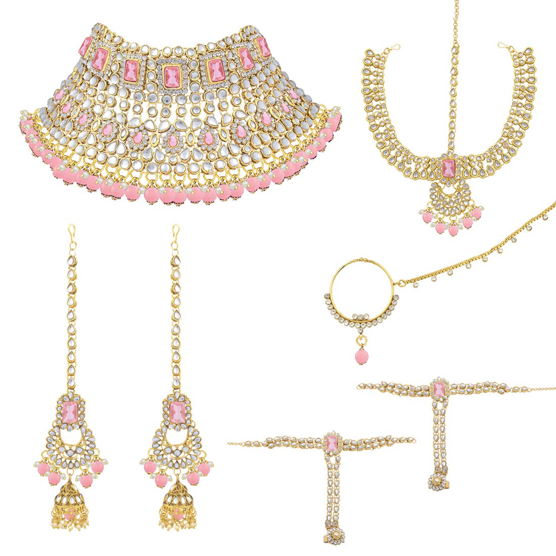 Aheli Indian Traditional Bridal Choker Necklace Matha Patti Nose Ring Haath Phool Earrings Bollywood