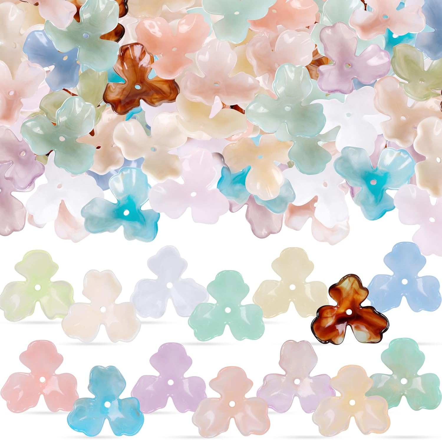 48Pcs 16 Styles Acrylic Flower Bead Caps 3-Petal Flower Bead End Caps Spacer Charms Plastic Floral Loose Craft Beads for DIY Earring Bracelet Necklace Jewelry Making
