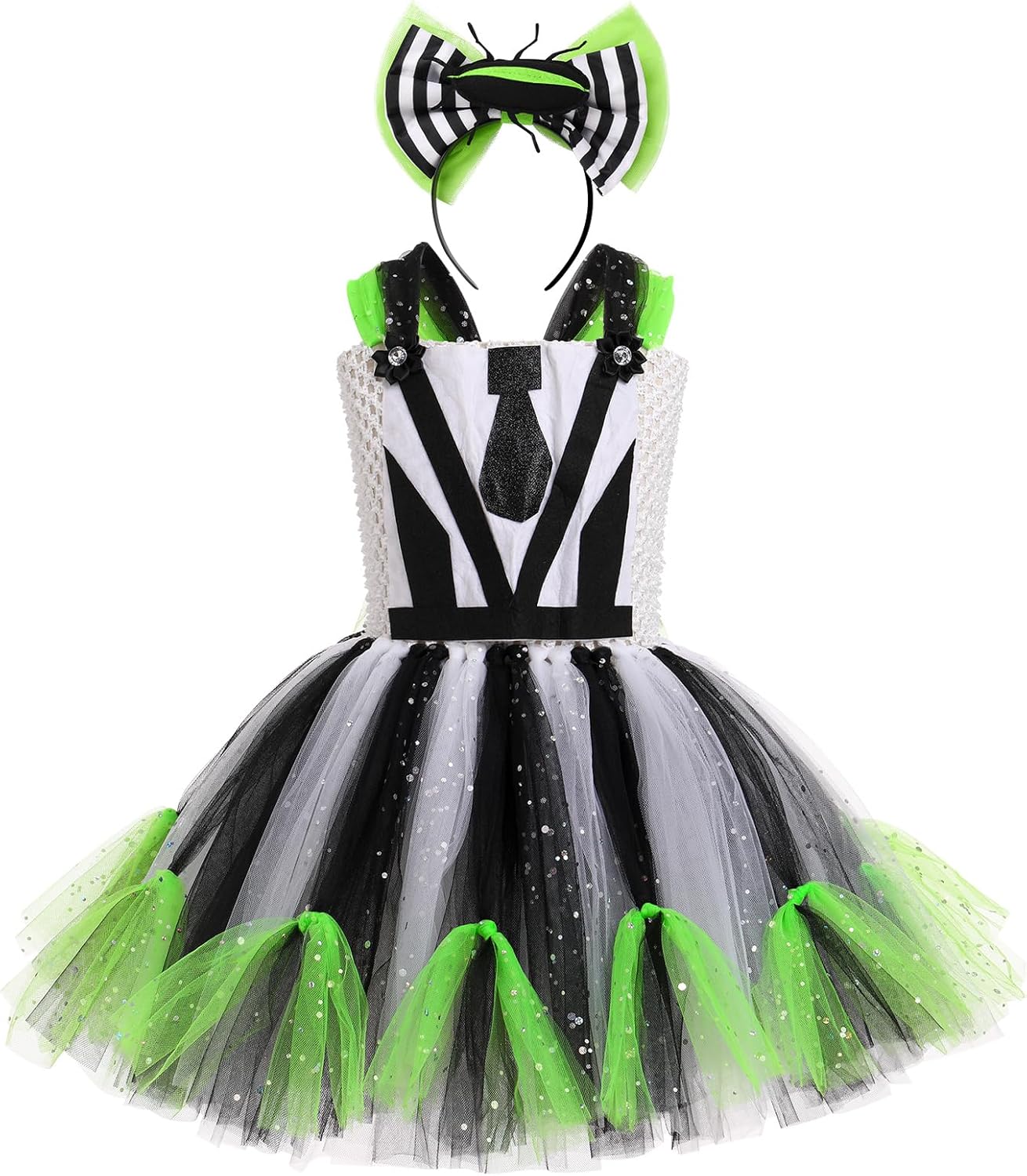 IMEKIS Girls Halloween Costume Black and White Striped Tulle Dress Headband Set Toddler Kids Cosplay Birthday Outfit 2-12T