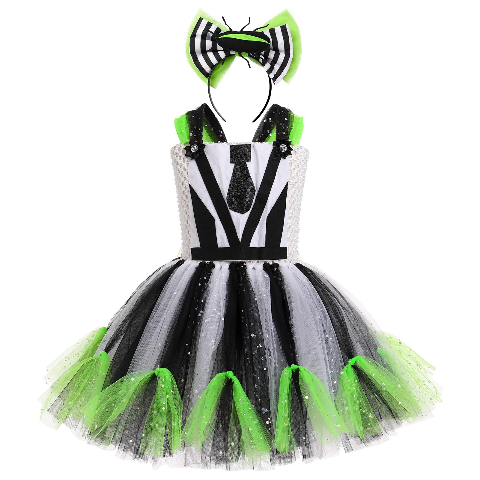 IDOPIP Kids Girl's Beetle Costume Playsuit Cosplay Black and White Striped Green Tulle Tutu Dress with Headband Carnival Party Fancy Dress Black and White 2-3Y - Image 2