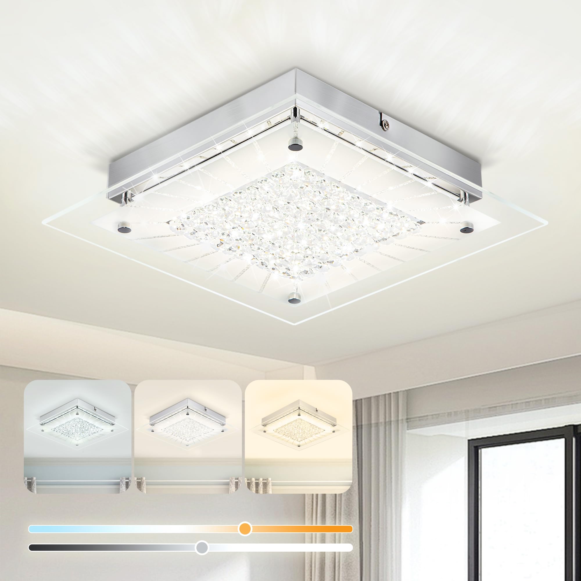 Crystal Ceiling Light,Flush Mount LED Ceiling Light Fixture for Kitchen Bathroom Kitchen Hallway Light Fixtures 11inch Crystal Chandeliers, Dimmable 3000K/4000K/5000K