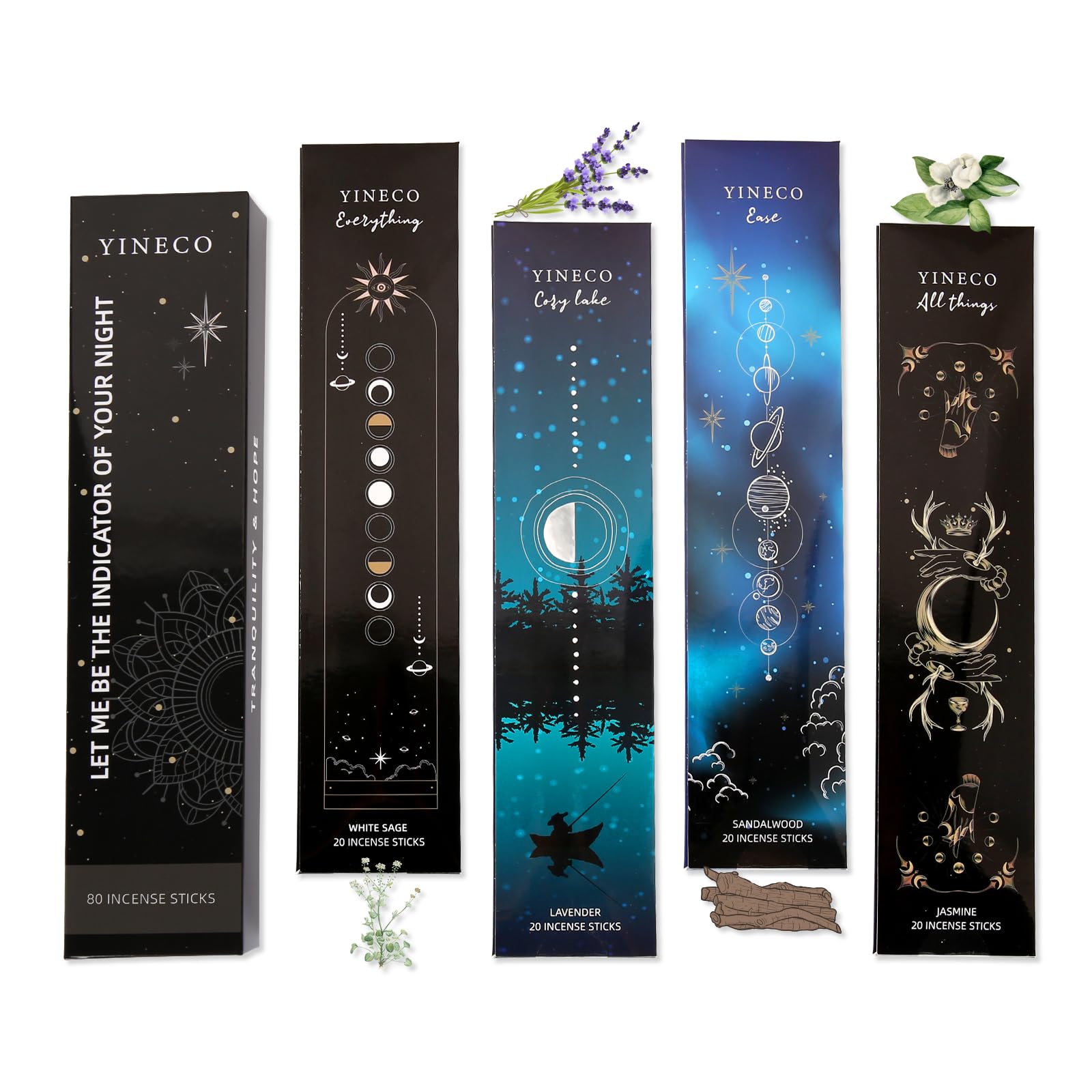 Räucherstäbchen, Räucherstäbchen, Geschenk-Set mit 4 Räucherstäbchen, weißer Salbei und Sandelholz, Jasmin, Lavendel, organische und langsam brennende Räucherstäbchen, 80 Stück, Schwarz