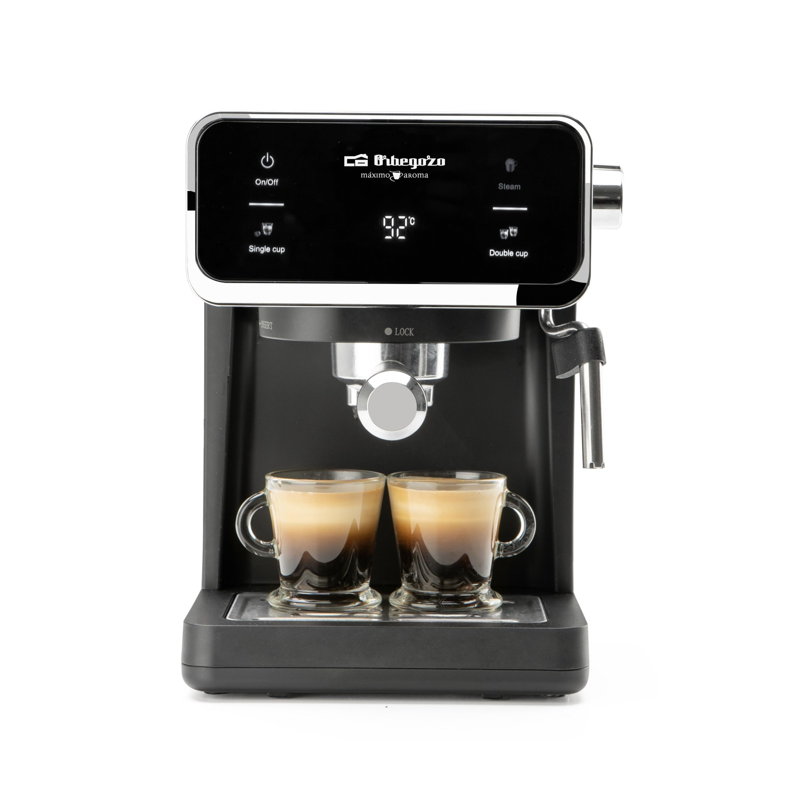 Orbegozo Cafetera Expresso EX 5300, 20 Bares, Thermoblock, Panel Táctil, 950W, Depósito 1L, Vaporizador Orientable, para Café Molido y Monodosis ESE, Bandeja Calientatazas, Doble Salida, Inox