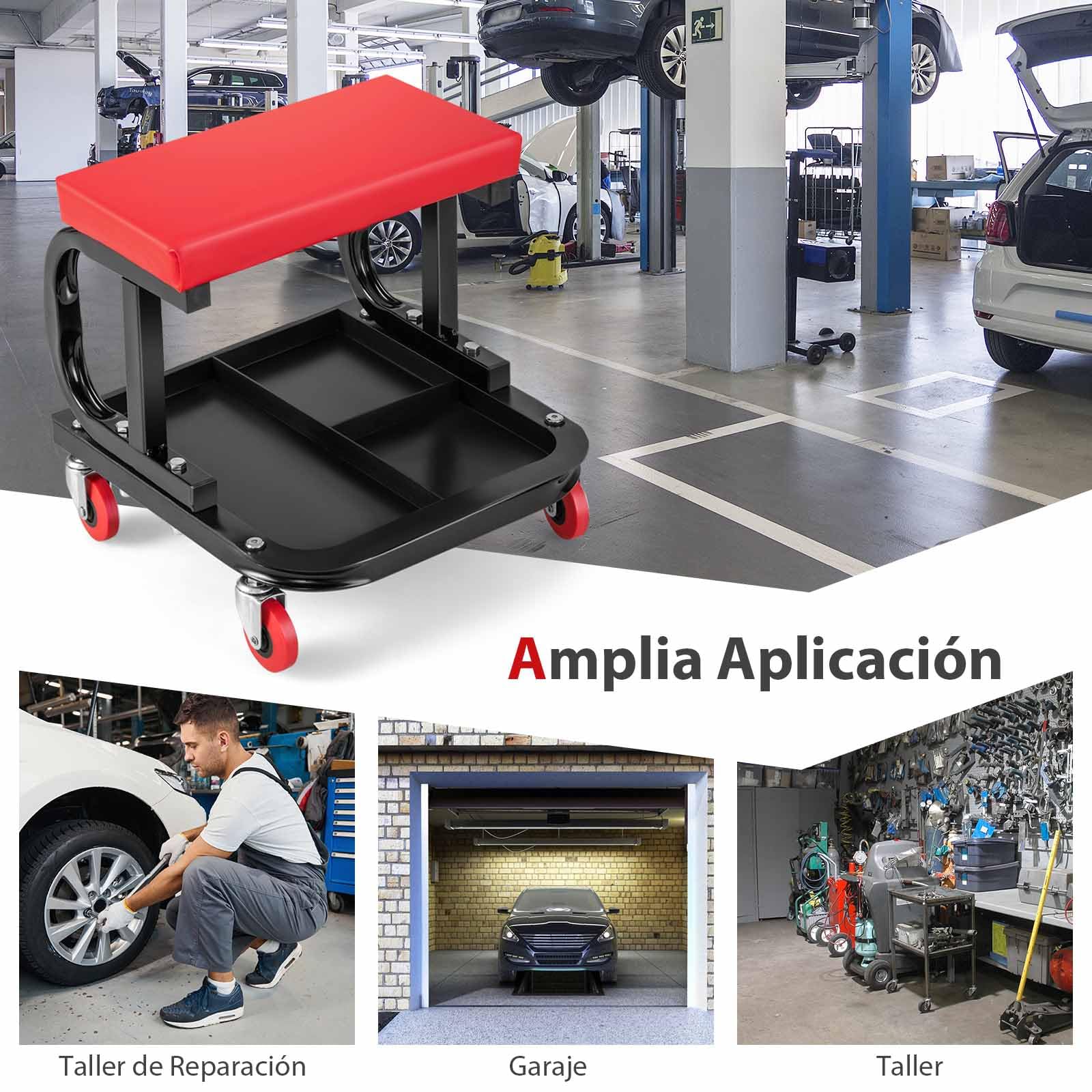 COSTWAY Asiento Rodante, Taburete para Garaje y Taller, Asiento para Mecánicos Acolchado con Bandeja para Herramientas, Asiento Rodante con 4 Ruedas Universales, Capacidad de Carga de 150 kg
