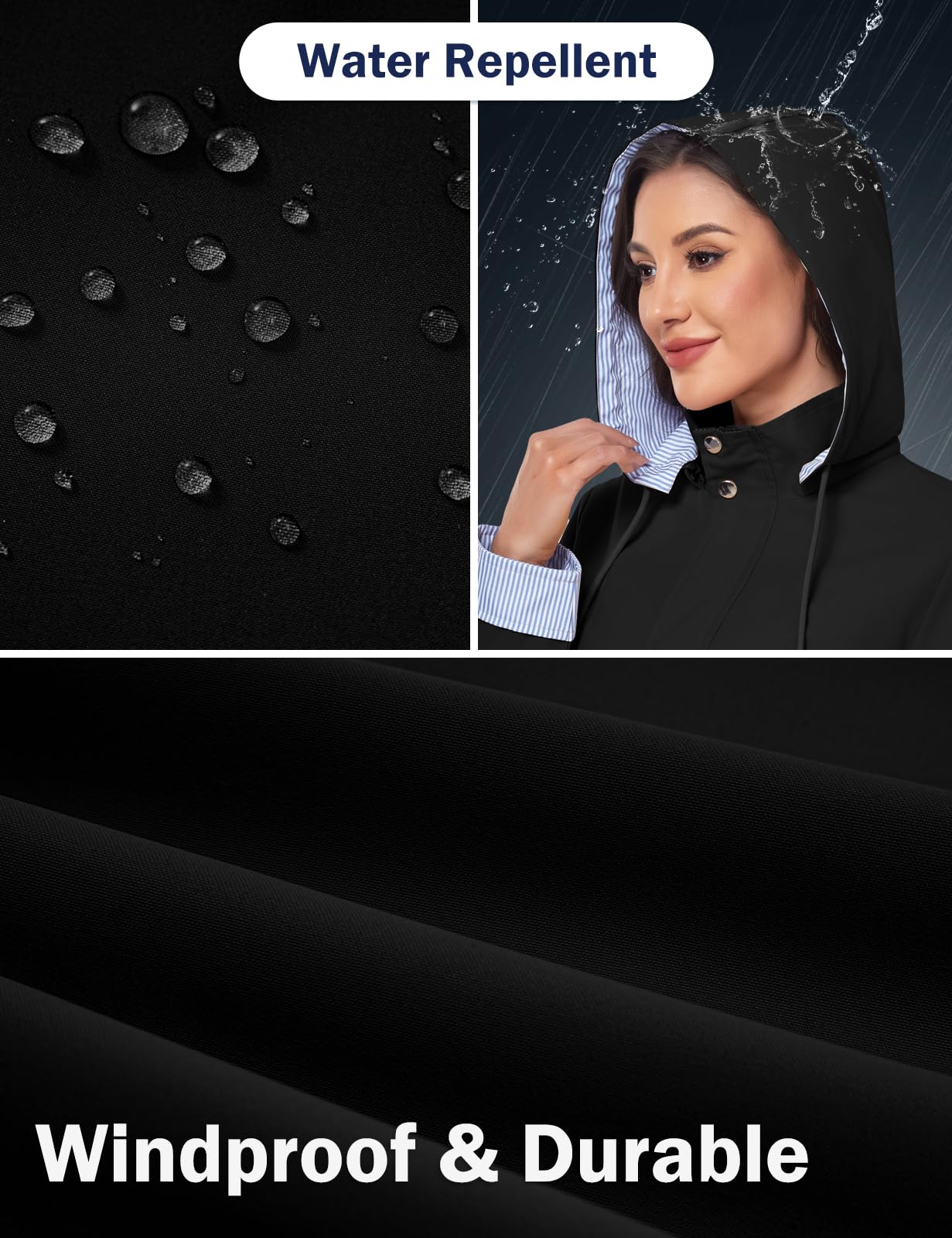 heekpek Veste Imperméable Femme Longue Coupe Vent Rayé Parka de Pluie avec Capuche Léger Manteau Mi Saison Vêtements Printemps Automne Vestes Zippé Chic Blousons d'Extérieur