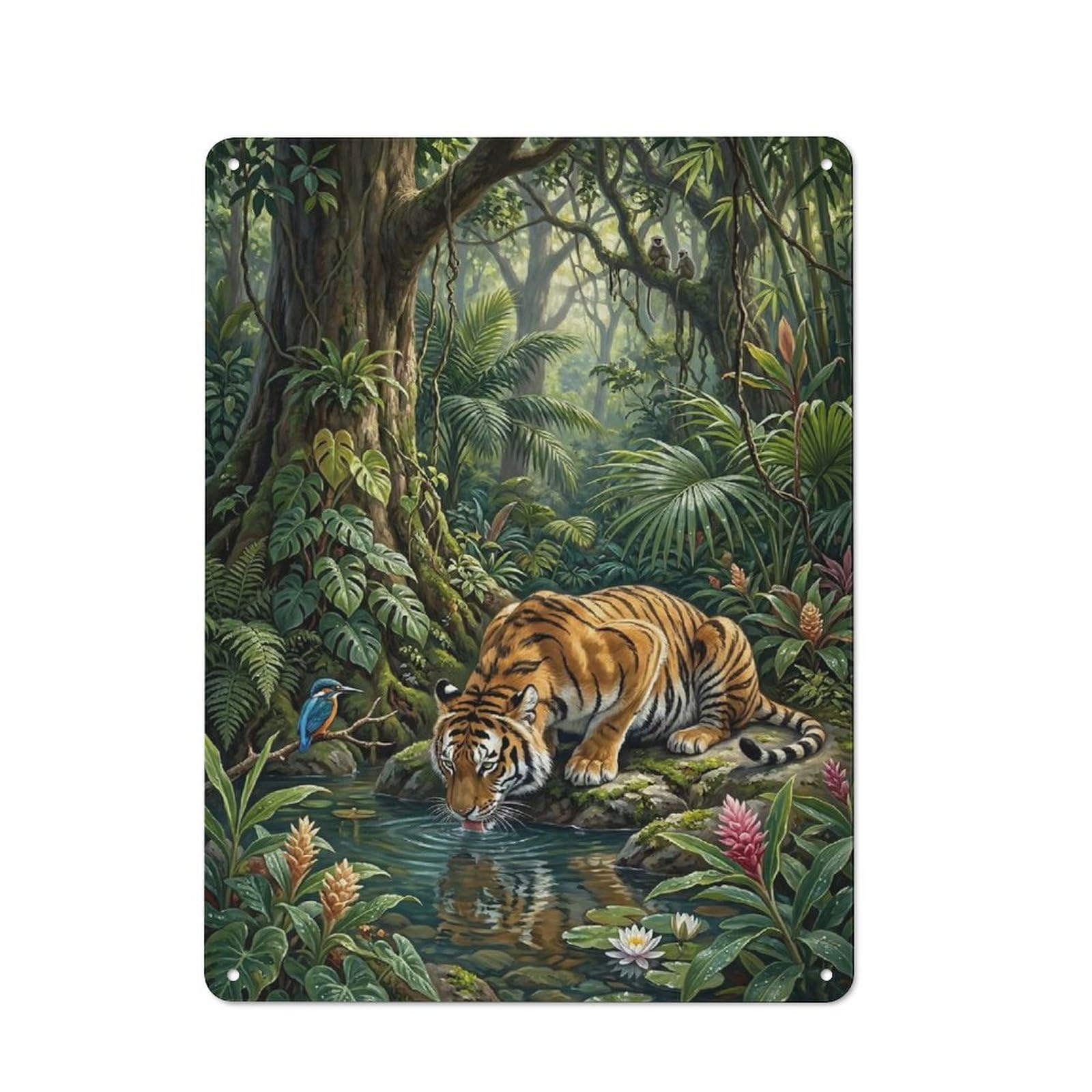 Junmoney Style-14 40X30cm Rustic Tin Sign With Tiger Drinking Water In A Lush Jungle For Home Office Or Studio, For Metal Sign Collectors, For Garage And Workshop Walls