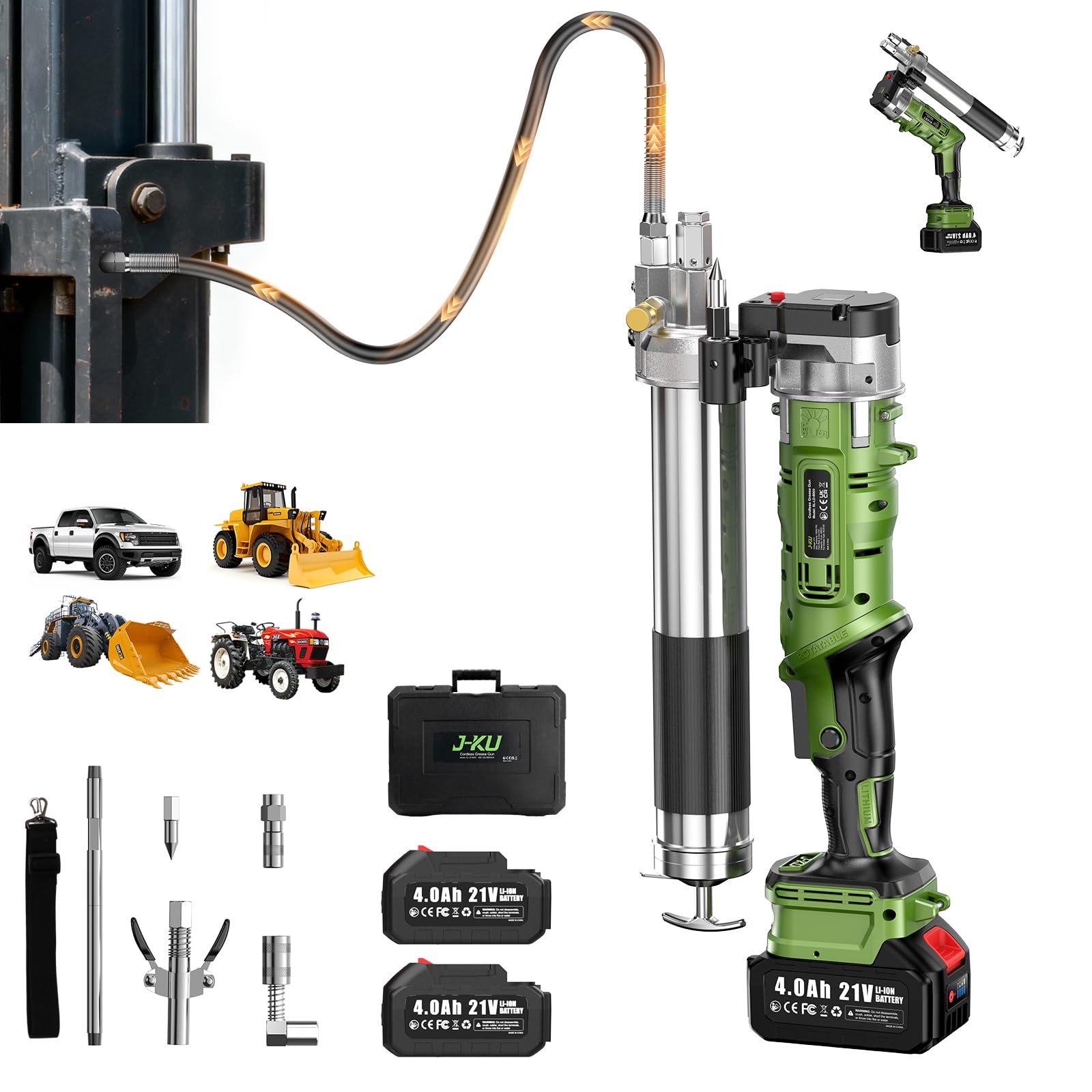 J-KU Electric Grease Gun with 2×4.0Ah Batteries