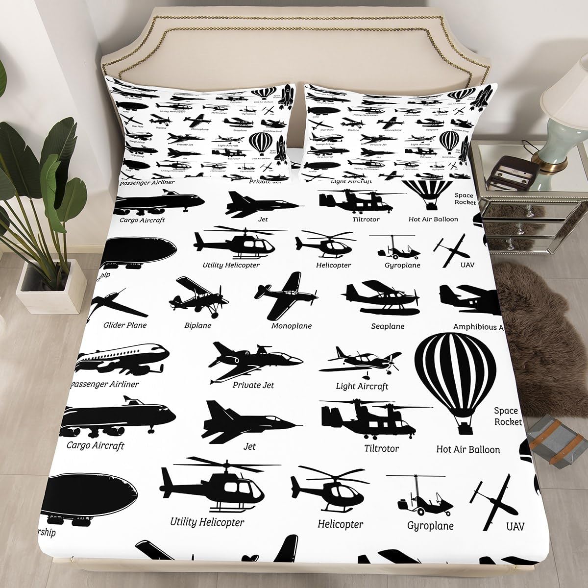Erosebridal Airplane Bed Sheets Twin,Black White Airplanes Bedding Set Space Rocket Aircraft Fitted Sheet for Boys Kids Teens Room Decor,Helicopter Biplane Bedding Sets with 1 Pillow Case