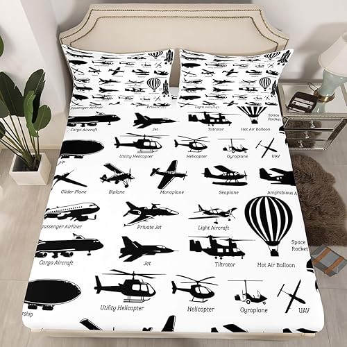 Erosebridal Sábanas de avión tamaño Queen, juego de ropa de cama de aviones en blanco y negro, sábana bajera ajustable para niños, niños,