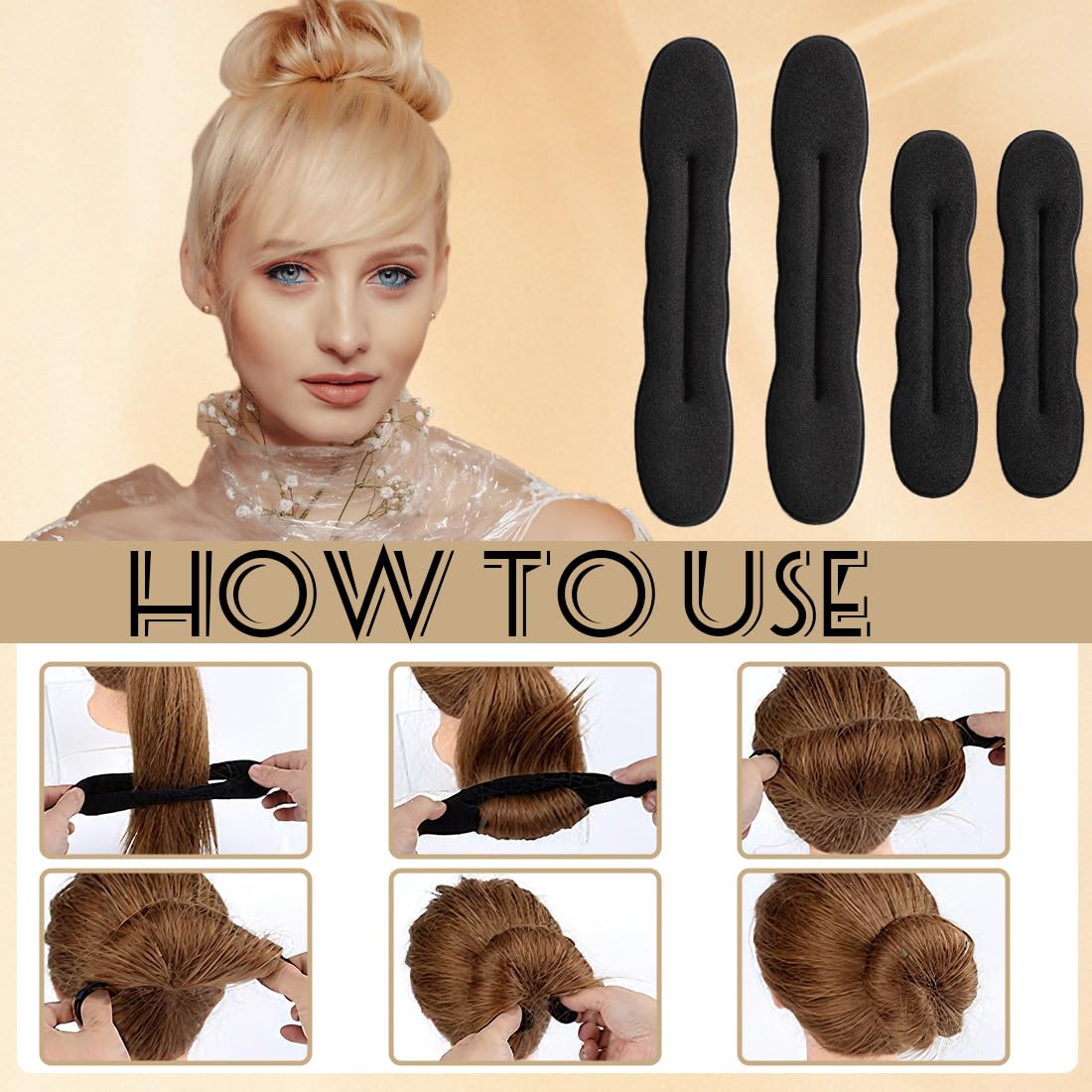 Kit 4 Ciambelle Chignon,Facili e Veloci per Capelli con Accessori in Spugna,Capelli Strumento per Intrecciare, per Bambine e Donne, 2 Piccole e 2 Grandi, Colore Nero