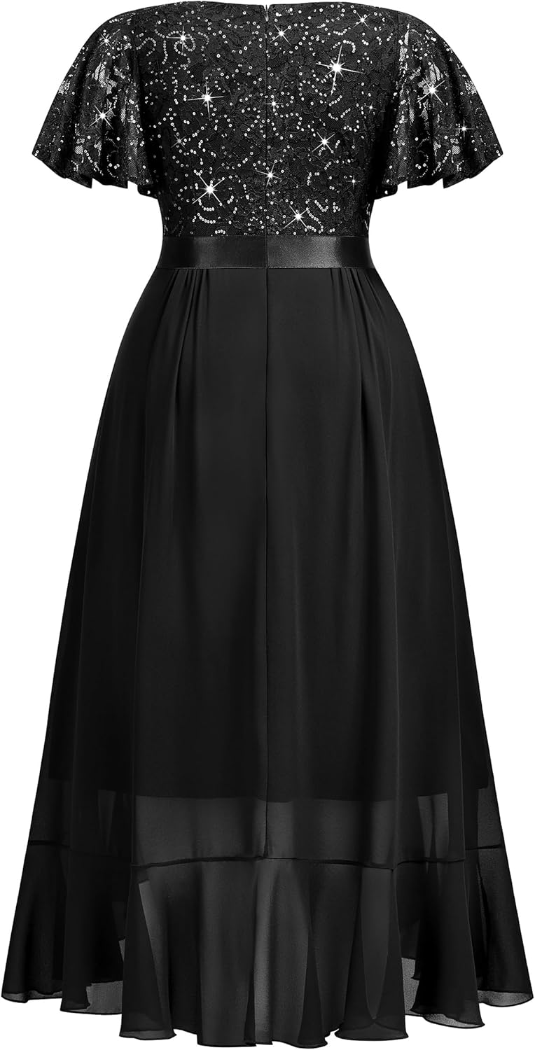 MISSMAY Women's Plus Size V Neck Sequin Lace Butterfly Sleeves Formal Evening Party Long Dress - Image 6