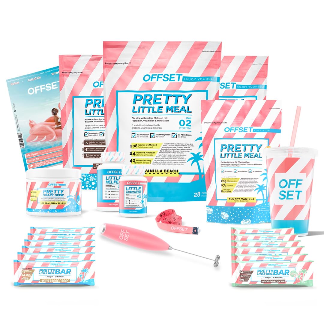 OFFSET Nutrition Abnehm Set Vanilla Mix [FÜR 50 TAGE] - inkl. ERNÄHRUNGSPLAN | Nur 250 KCAL pro Mahlzeit | Mit Abnehm Shake, Proteinriegel & Sättigungskapseln | Mahlzeitersatz