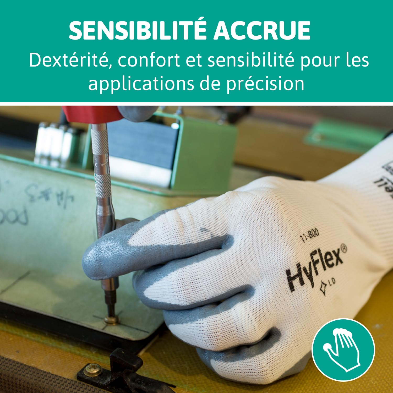 Ansell HyFlex 11-800 Gants de Travail Professionnels, Enduction Nitrile Résistante à l'Abrasion, Protection Industrielle Multiusage, Manutention et Mécanique, Blanc, Taille L (12 Paires)