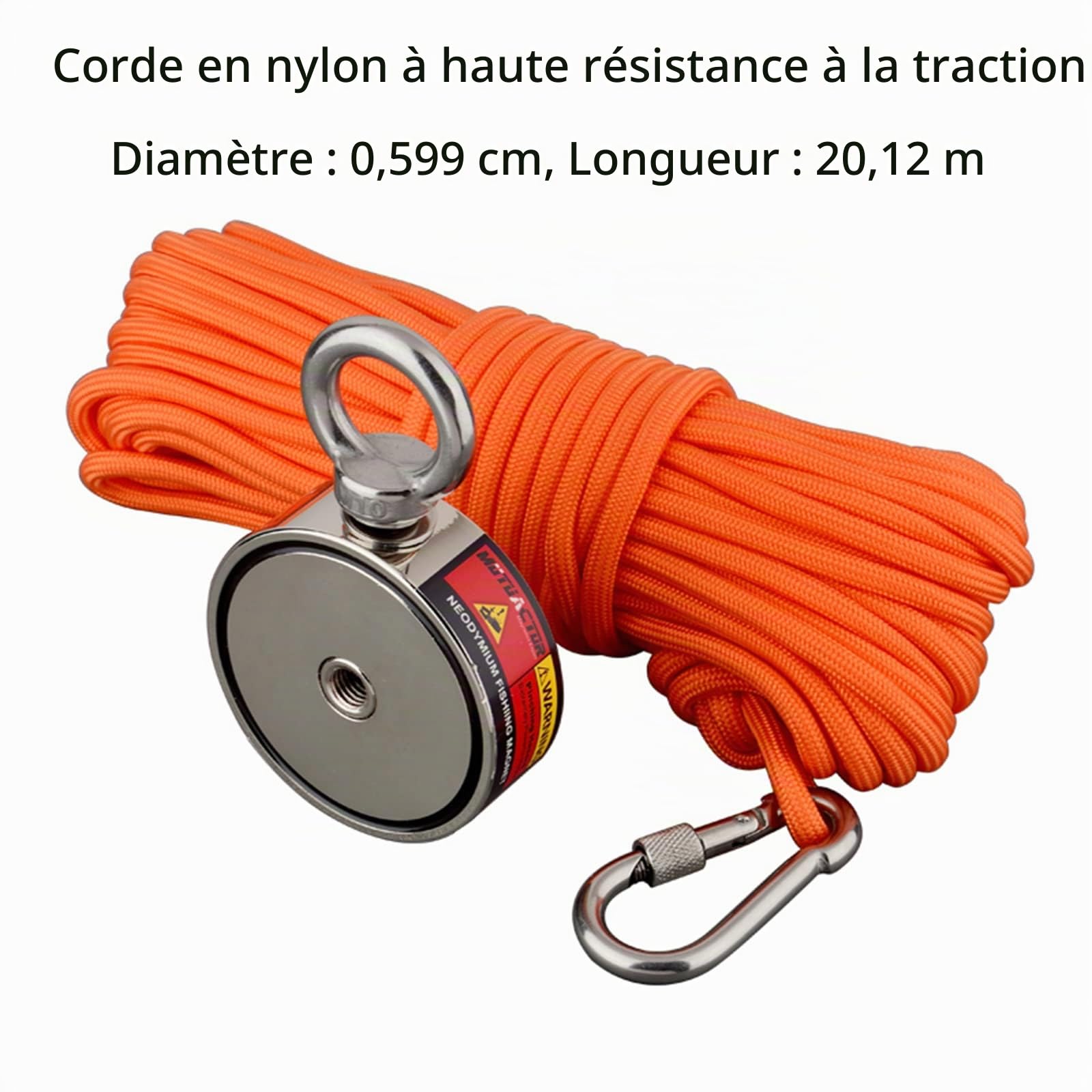 MUTUACTOR Aimant de pêche avec grappins et corde et gant de 20 m, double face combinée 400 kg Force de traction Aimant en néodyme super fort pour la pêche à l'aimant et la récupération en rivière