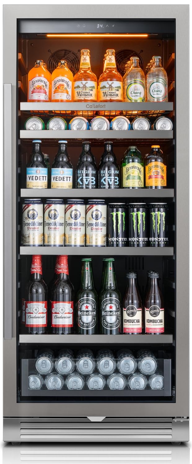 Ca'Lefort 24 Inch Beverage Refrigerator, 238 Cans Tall Beverage Fridge with Glass Door, 34-54°F Drink Fridge with 3 LED for Bar/Kitchen/Office, Freestanding or Built-In Beer Cooler for Beer/Soda/Wine