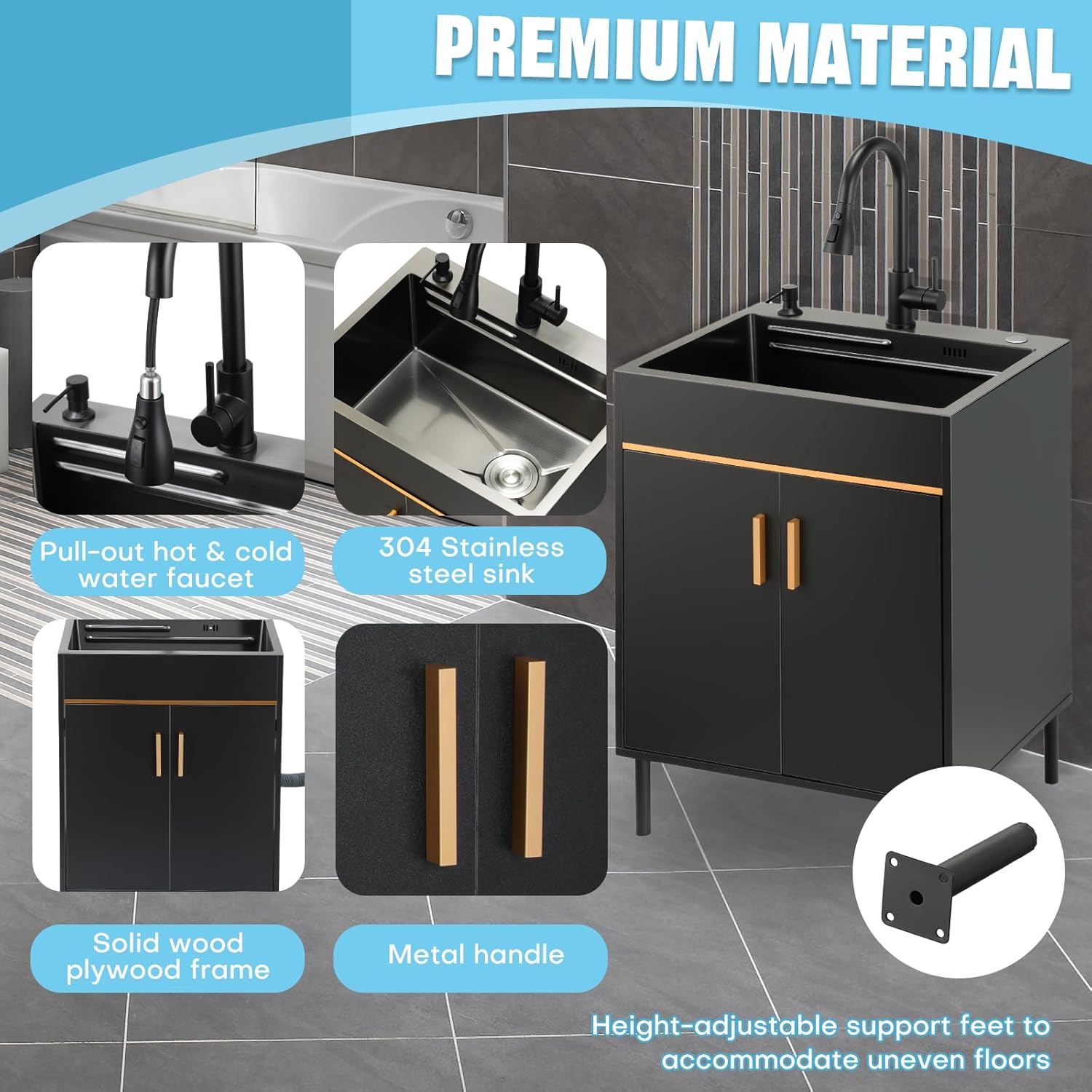 Ownsig 23.6” Stainless Steel Laundry Sink with Cabinet and Pull-Out Faucet, Black Freestanding Utility Sink with Removable Insert Basin, for Laundry Room, Kitchen, or Garage (Black)