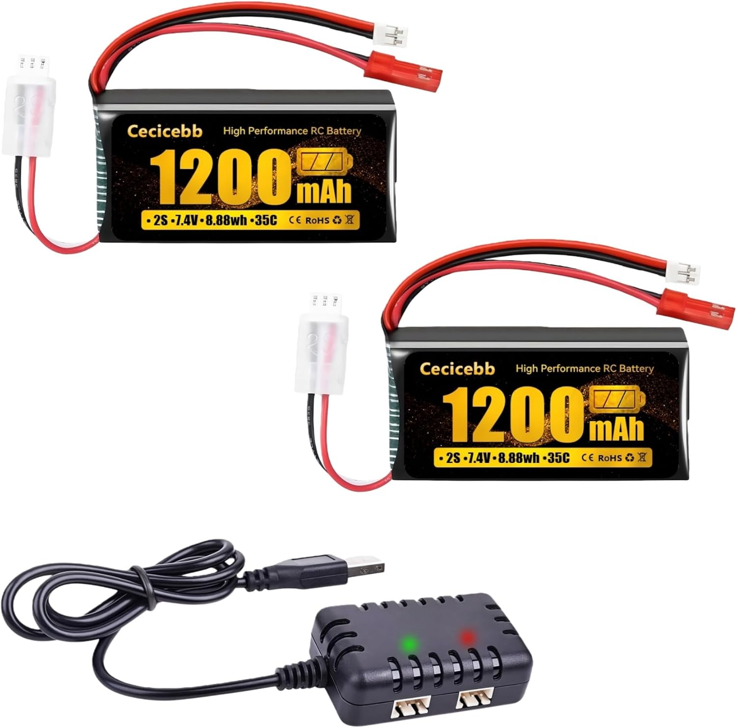 SCX24 Lipo 2S 35C 7.4V 1200mAh Lipo Battery with PH2.0 & JST Plug for WLtoys A949 A959 A969 A979 K929 RC Truck and 1/10 1/16 1/18 1/24 RC Cars with Charger