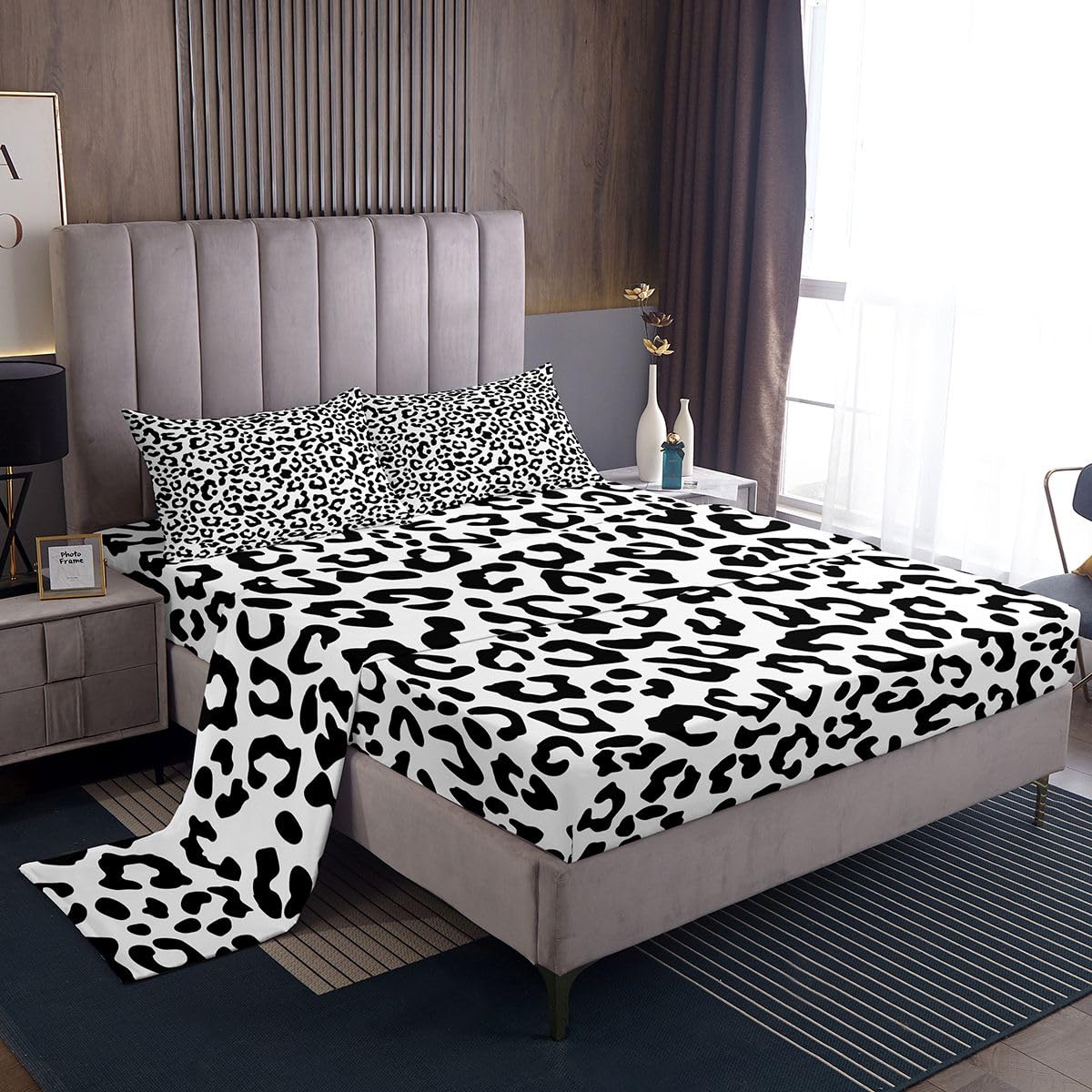 Black Leopard 3 Pieces Sheet With 16 Inch Deep Pockets Kids Animal Print Bedding Twin Size Safari Bed Sheets Set for Women Men Room Decor Breathable Soft Microfiber Cheetah With 1 Pillow Case