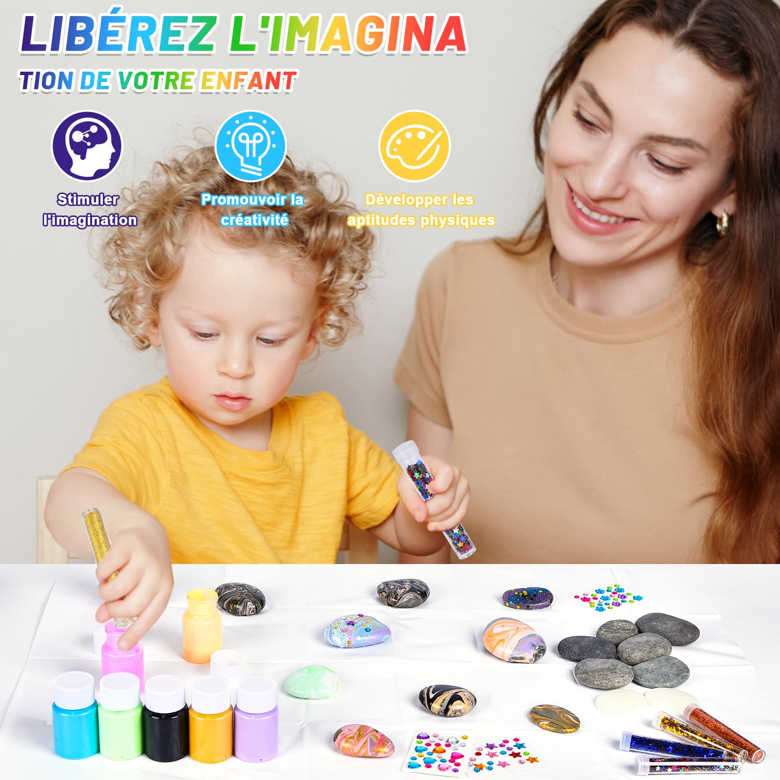 LAOESE Kit De Peinture Sur Pierre Lumineuse 2 En 1 – 10 Pierres, 8 Peintures, Décorations – Activité Créative 4-12 Ans – Cadeau Fille Garçon