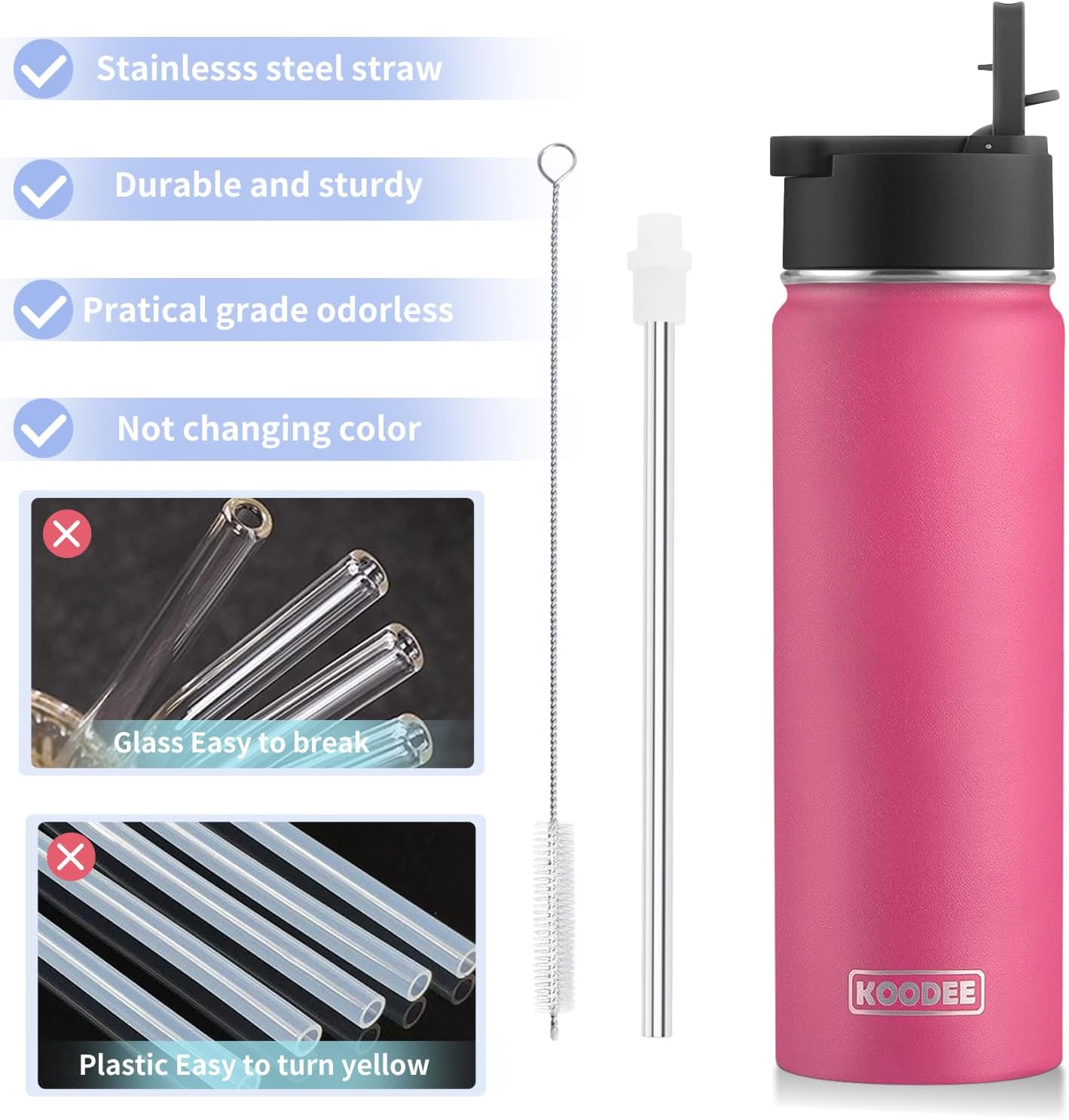 koodee 2 Pack Water Bottle 22 oz Stainless Steel Double Wall Vacuum Insulated Water Bottle With Straw Reusable BPA Free (Canyon Red-Royal Blue)