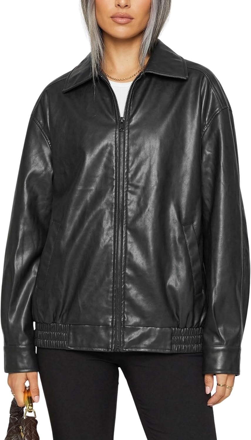 Leather Jacket Women – Genuine Lambskin Black Cropped Jacket & Oversized Leather Jacket Women, Zip Up Bomber Style