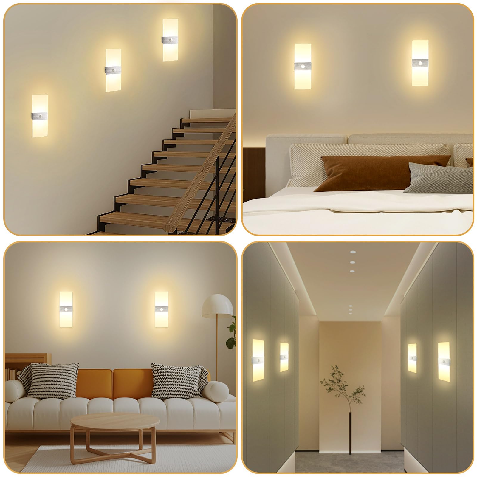 2 Pezzi Applique da Interno con Sensore di Movimento 12W Bianco Caldo 3000K | JaneYi LED Lampada da Parete Moderna in Acrilico e Alluminio Luce per Corridoio Scala Ingresso Balcone Soggiorno