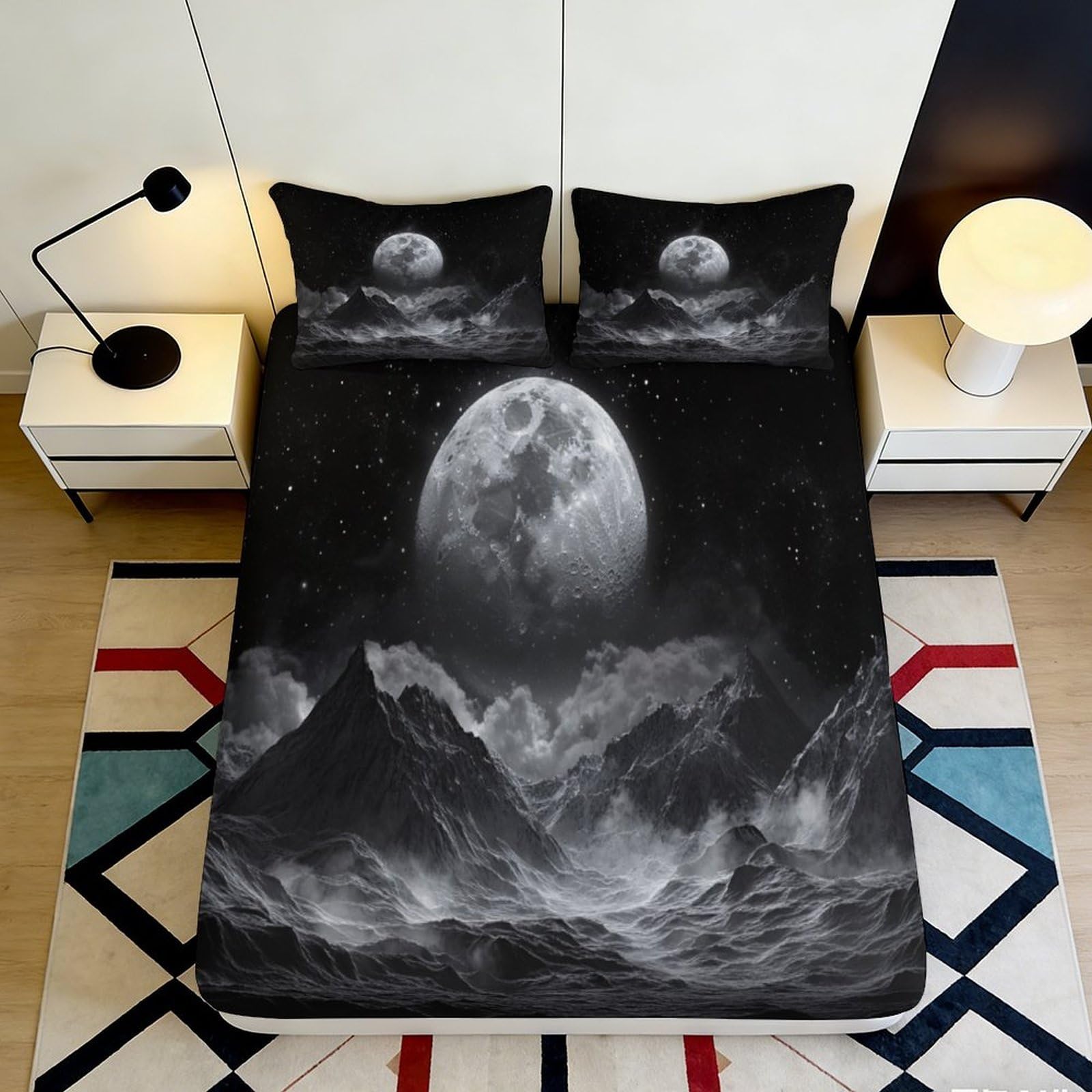 3D Printed Moonlight Mountain Fitted Sheet Microfiber Soft Durable Starry Sky Bed Cover for Bedroom Dormitory Guest Room Mattress Protection 200x200x25cm