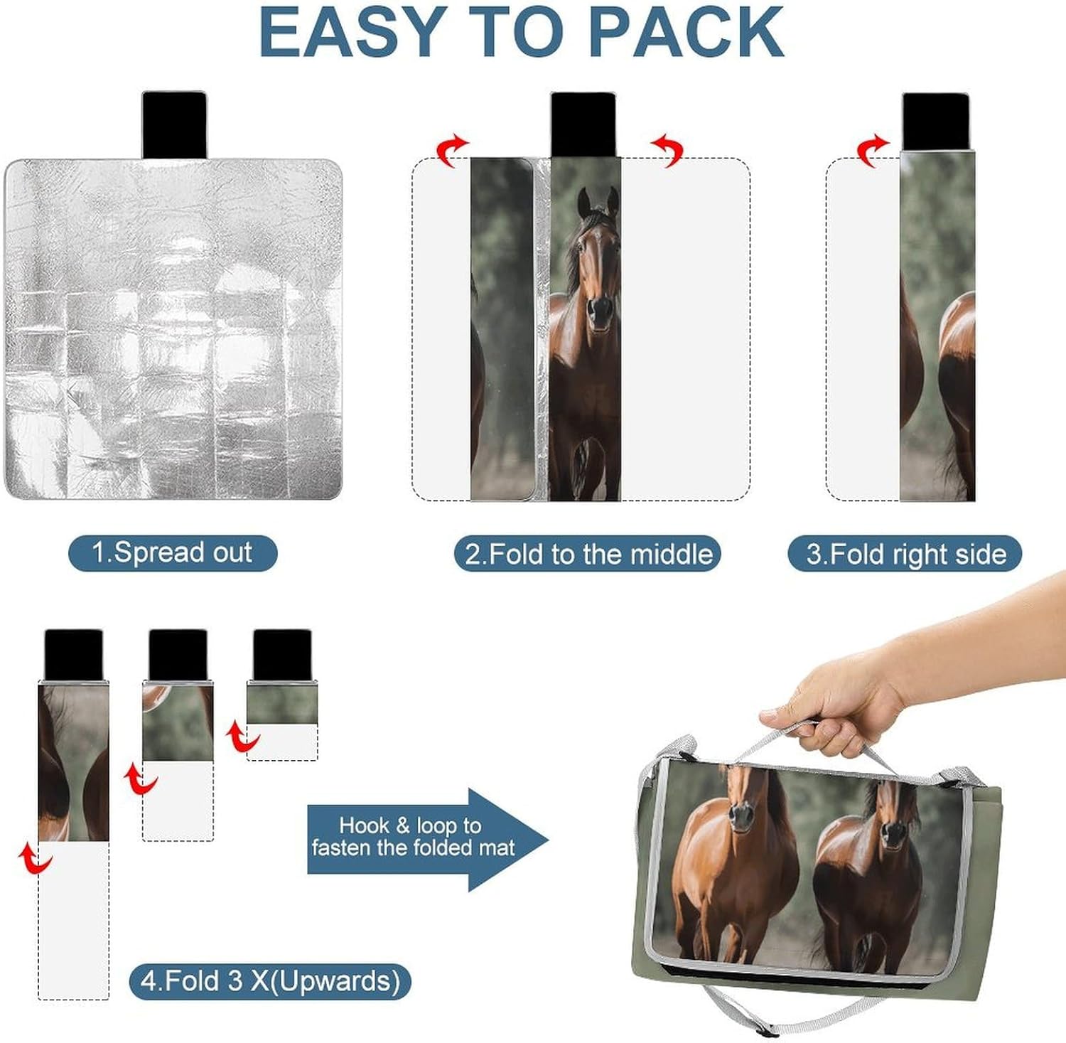 Animales Horses Waterproof Picnic Blanket 58.3''x58.3'',Portable and Foldable Picnic Mat with Handle,Outdoor Blankets for Lawn Park Beach Travel