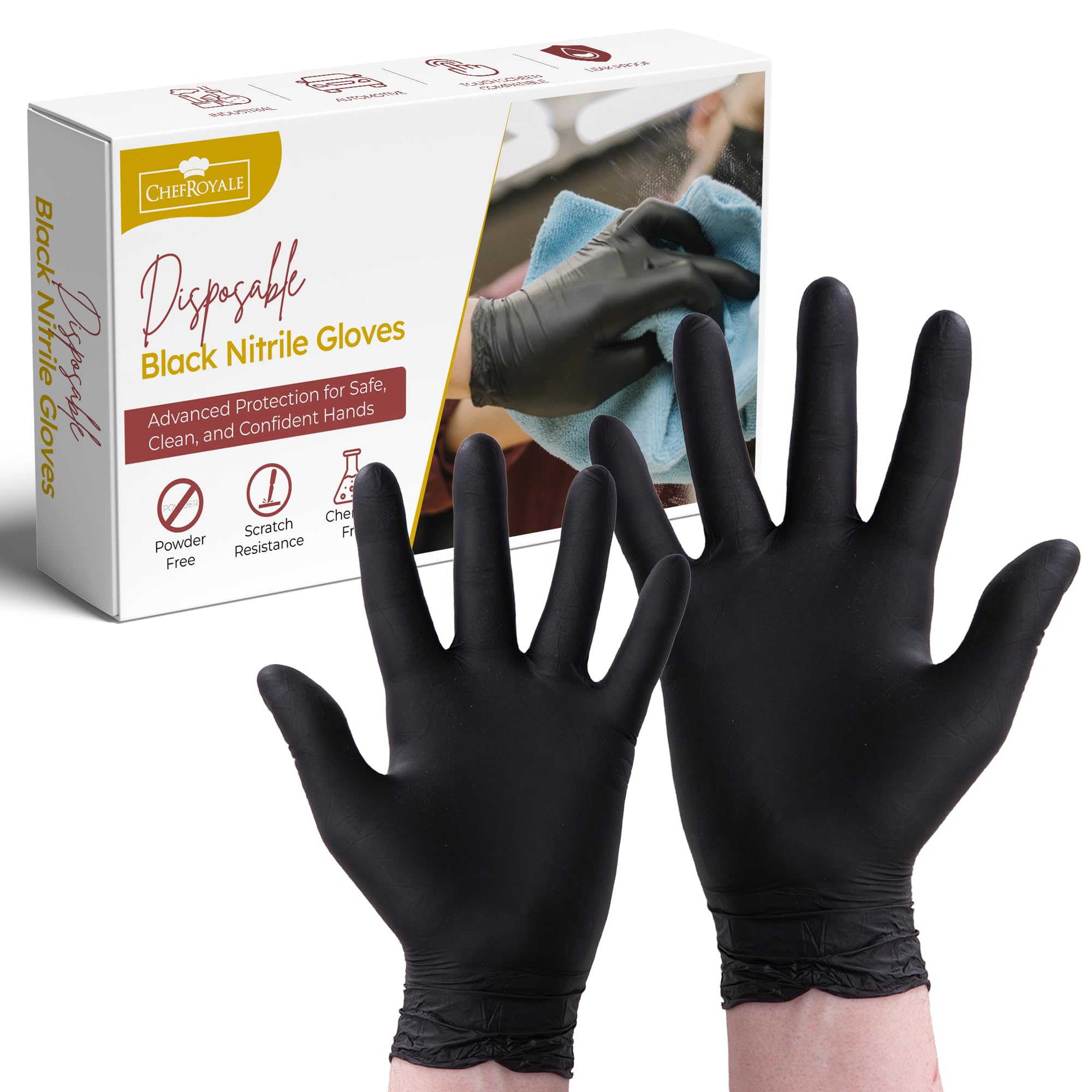 CHEF ROYALE Pack of 500 Disposable Black Nitrile Gloves - Latex & Powder Free Medical Nitrile Gloves for Multi Use Extra Strong Food Prep Gloves