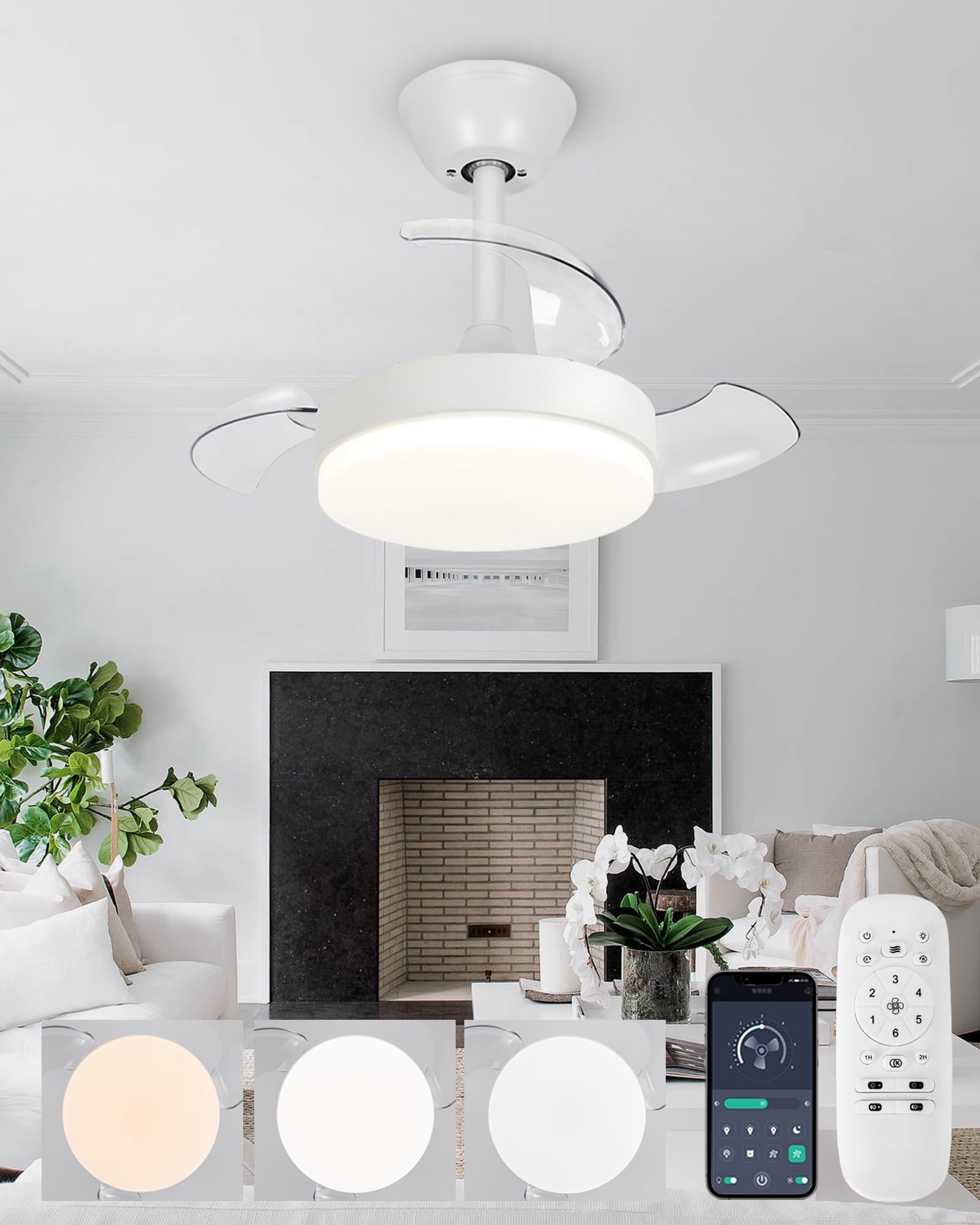 SXDMOUBK Silent Ceiling Fan with Light and Remote Control Retractable Blades Dimmable LED Reversible DC Motor Memory Function Ideal for Bedroom and Living Room