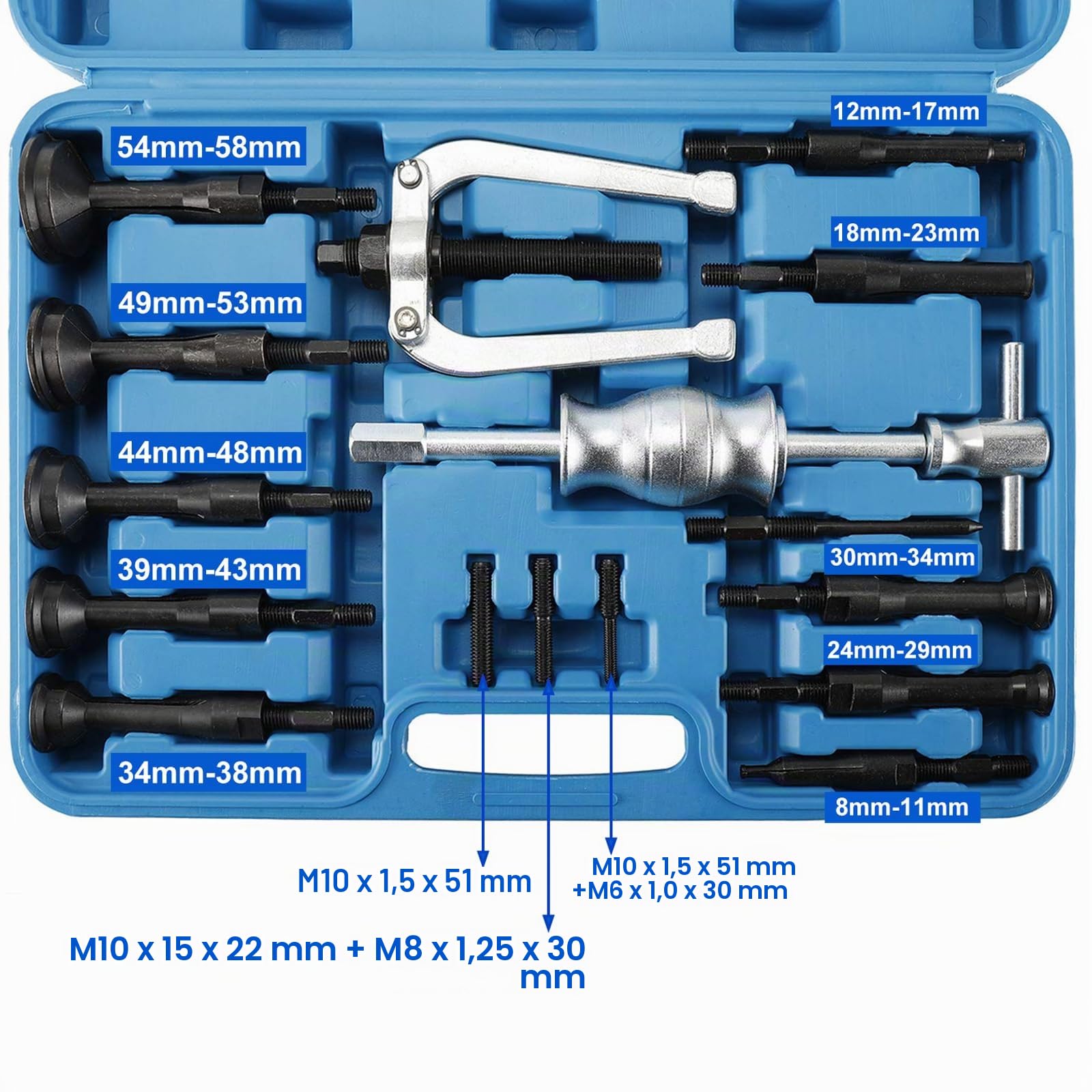 FreeTec 16 Piezas Extractor Rodamientos Internos, 8mm-58mm Extractor para Rodamientos Interior con Martillo Deslizante, Herramienta Extracción Rodamientos Internos para Coche Camión Motocicleta