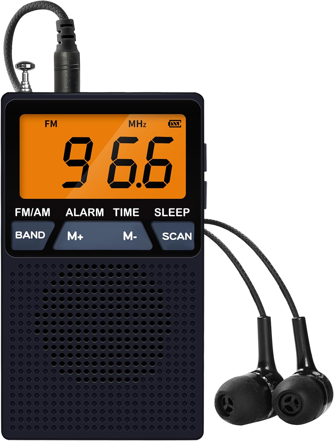 AM FM Pocket Radio,Mini Portable Radio, Battery Operated by 2 AA Batteries with Stereo Earphone, Large Digital Display, Time Display, Digtal Alarm Clock (Black)