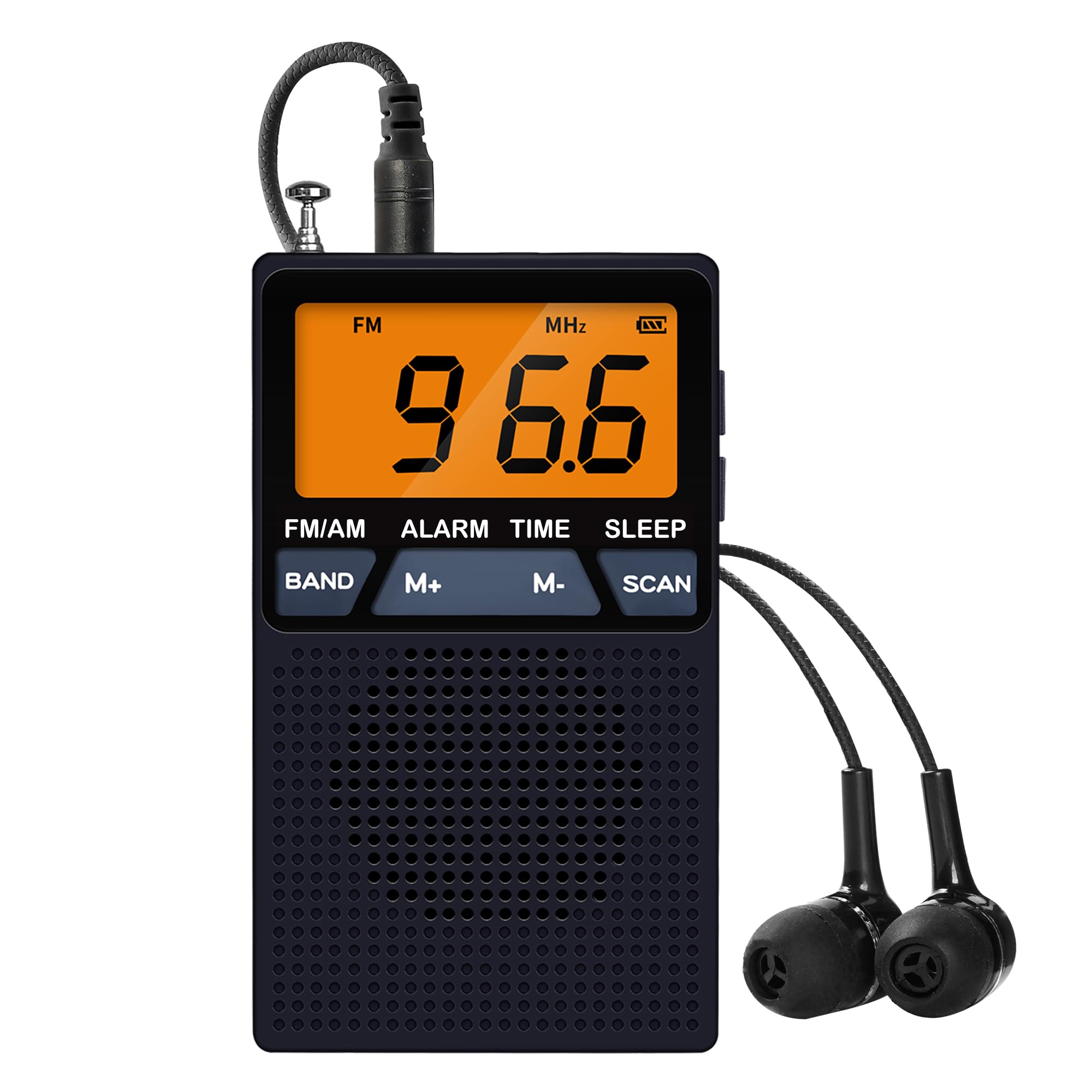 AM FM Pocket Radio,Mini Portable Radio, Battery Operated by 2 AA Batteries with Stereo Earphone, Large Digital Display, Time Display, Digtal Alarm Clock (Black)