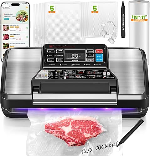 95Kpa Vacuum Sealer Machine for Food with Bags, 12-in-1 Food Saver Vacuum Sealer with Double Heat Seal, Built-in Cutter,Accessory Hose, Bag