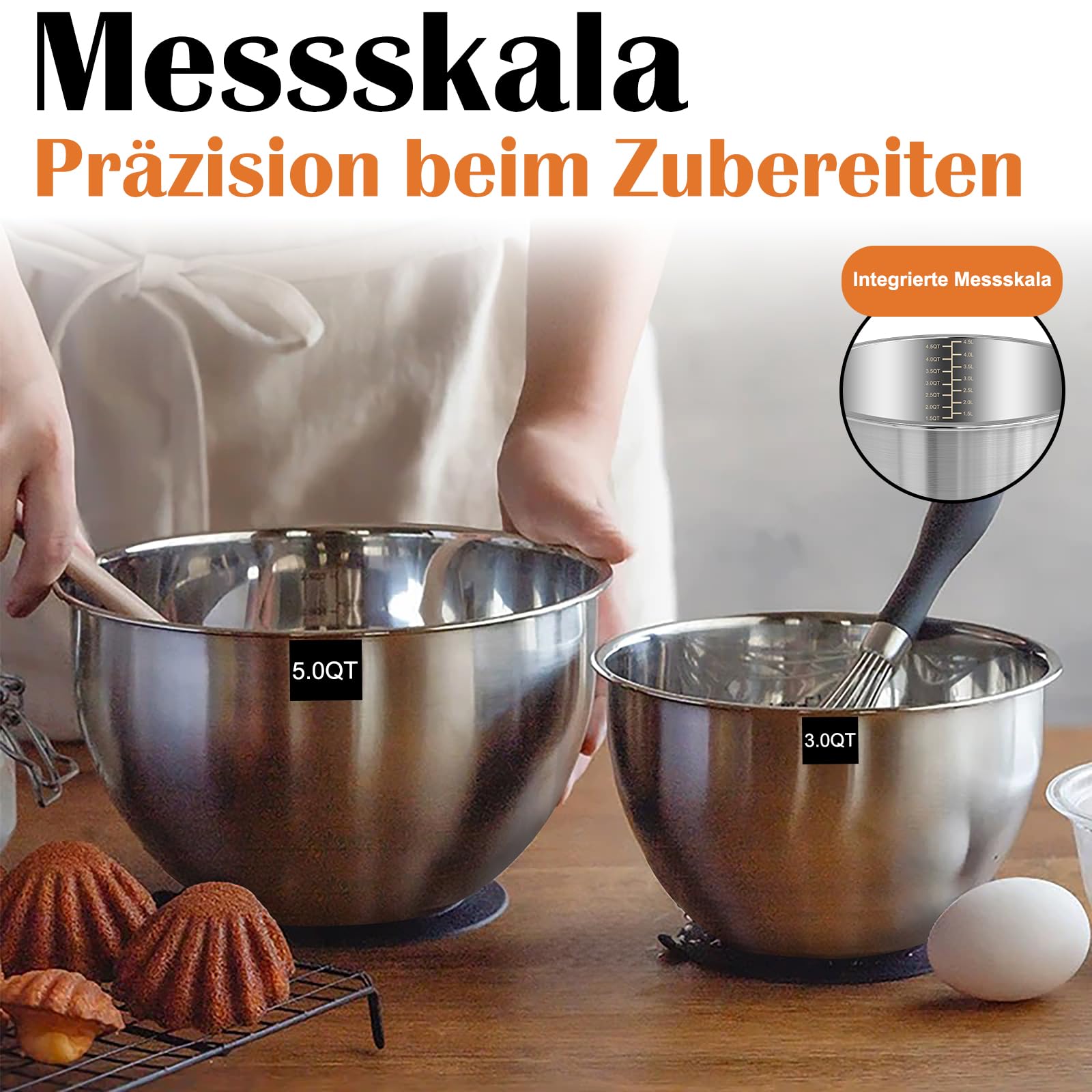 Terlulu Lot de 5 saladiers en acier inoxydable avec couvercle, 4,7 l/2,8 l/1,9 l/1,4 l/0,6 l, pour cuisine/pâtisserie/rangement, empilables et passent au lave-vaisselle, avec râpe
