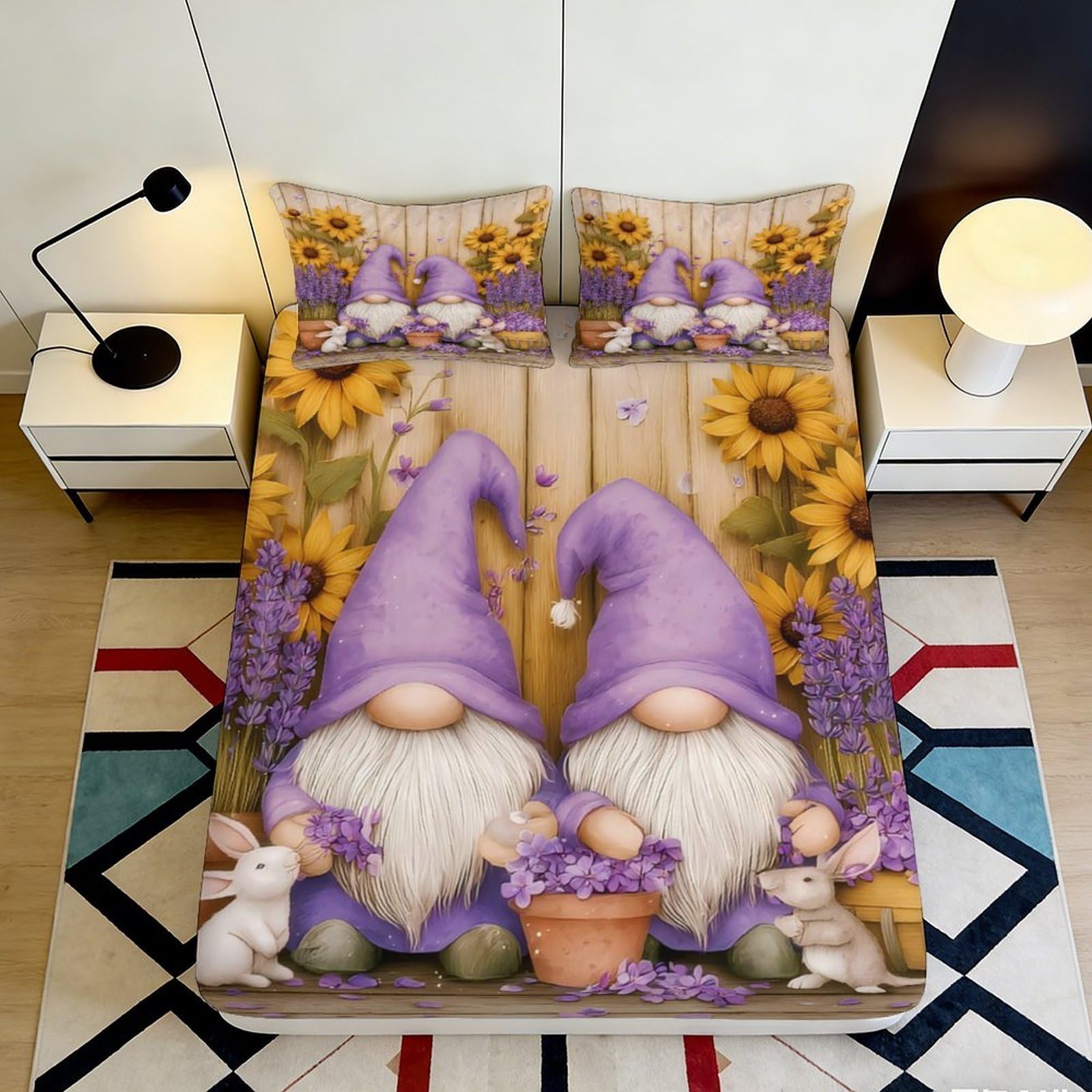 Jqzkxnhpbr Style-5 3D Printed Lavender Gnome Fitted Sheet Microfiber Sunflower Rabbit Mattress Cover Anti-Slip Decor For Bedroom Guest Room 90X200x25cm