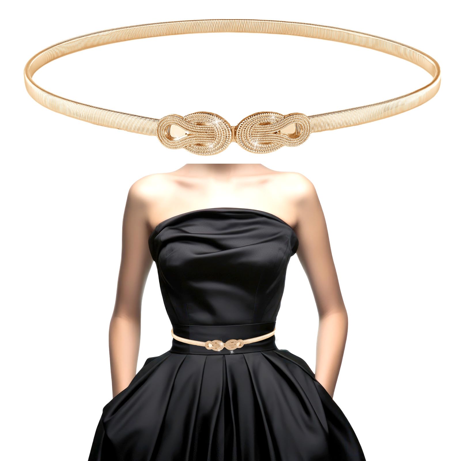 Skinny Elastic Waist Belt for Women Gold Metal Stretch Chain Belt with Hook Adjustable Thin Gold Belts for