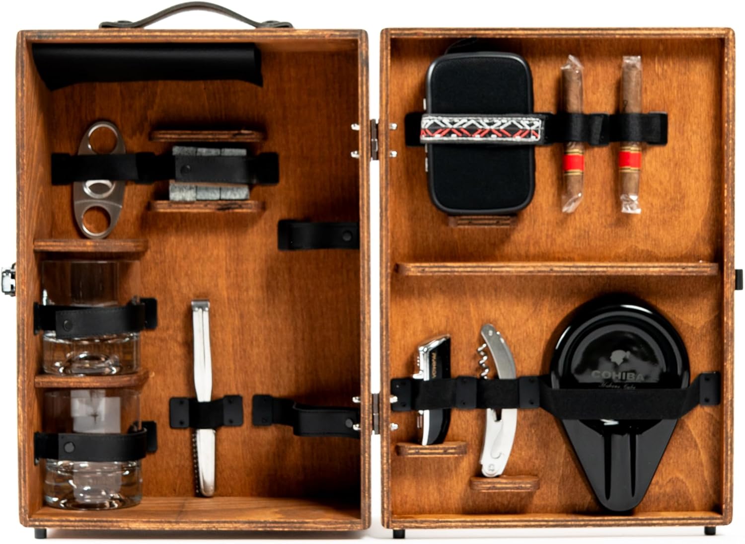 Personalized Wooden Whiskey & Cigar Minibar – Portable Handmade Liquor Cabinet Gift Set for Him, Travel Bar Kit with Accessories, Rustic Alcohol Box for Whiskey Lovers